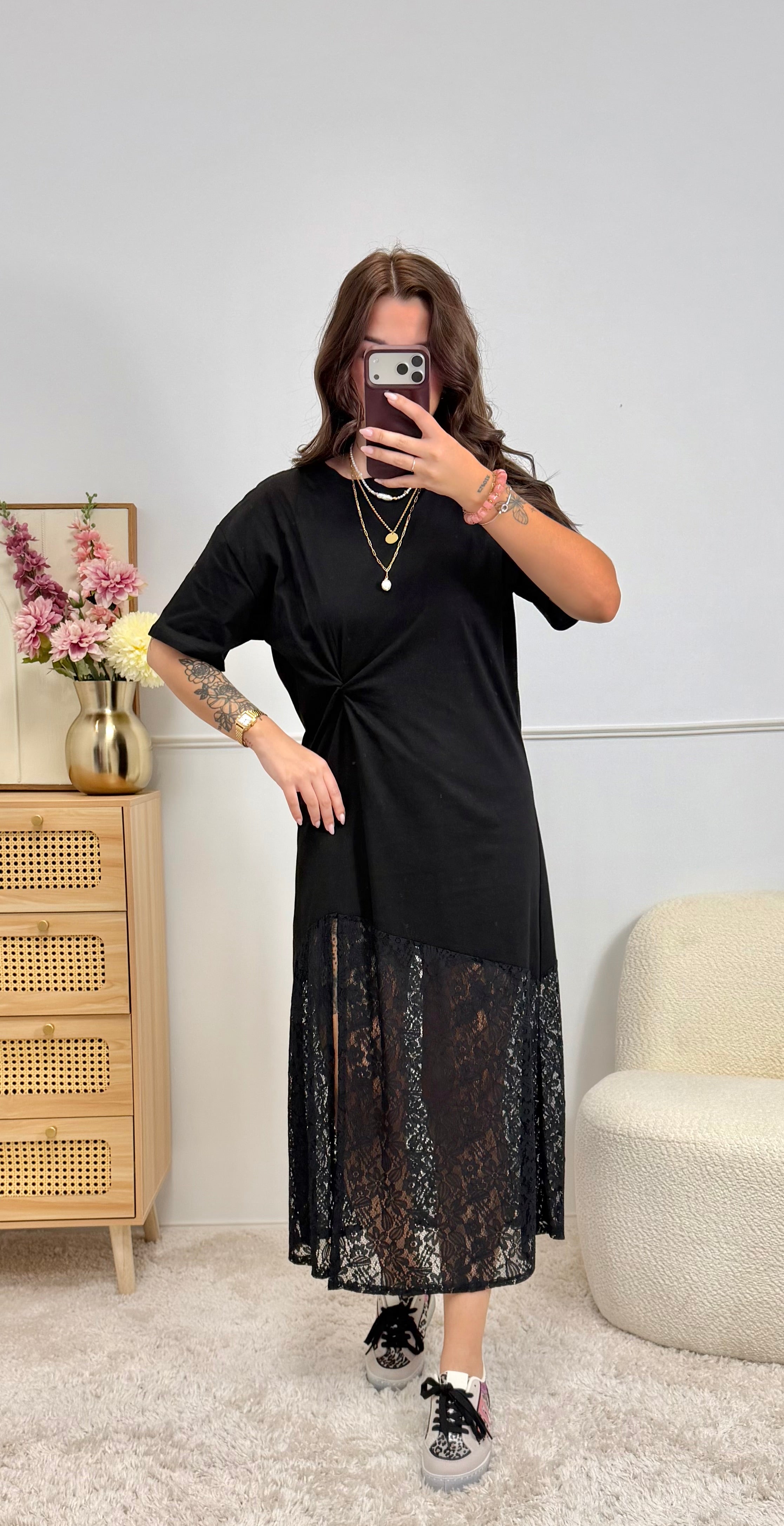 Robe T-Shirt Dentelle Noir