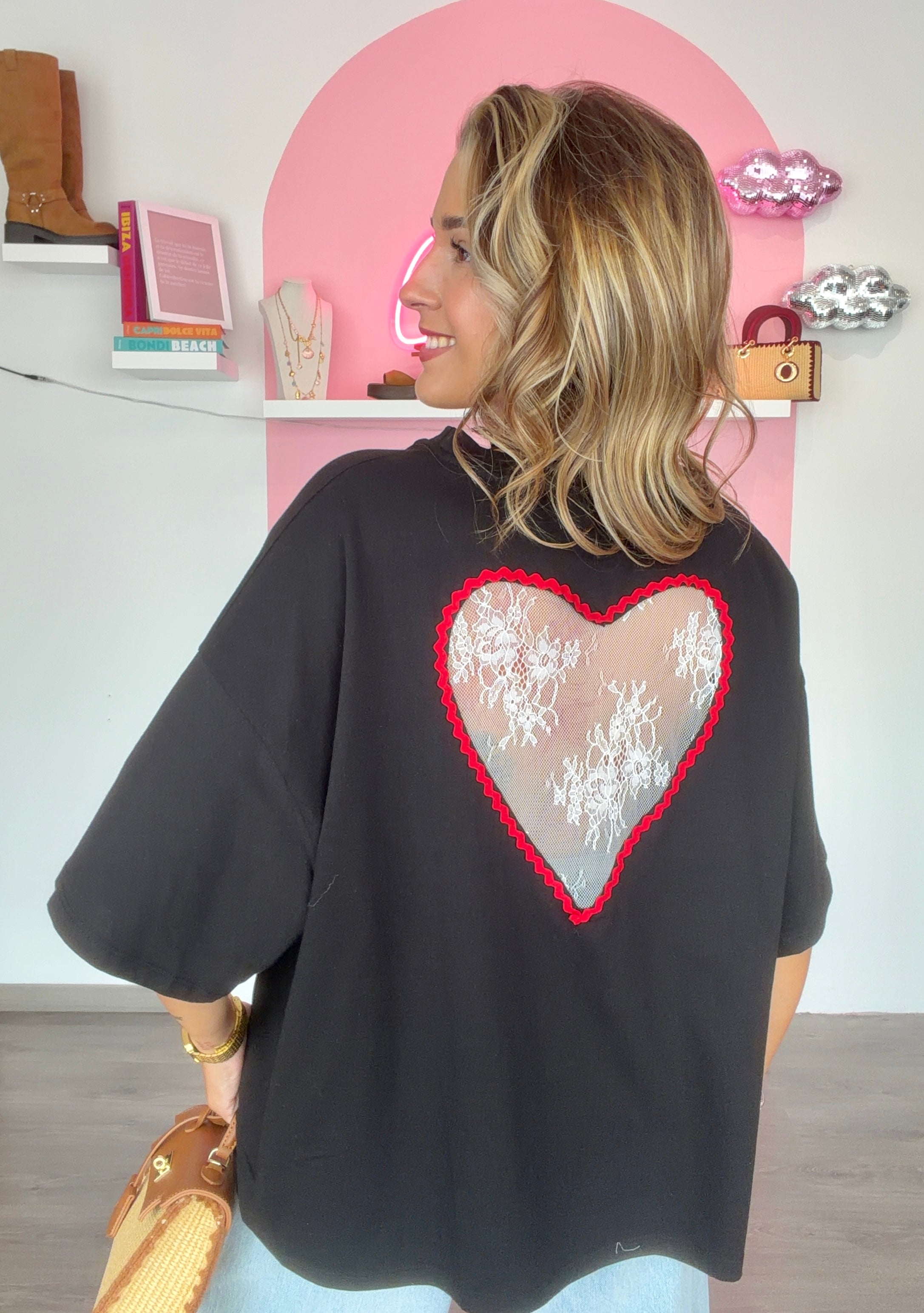 T-Shirt Dos Cœur Dentelle noir