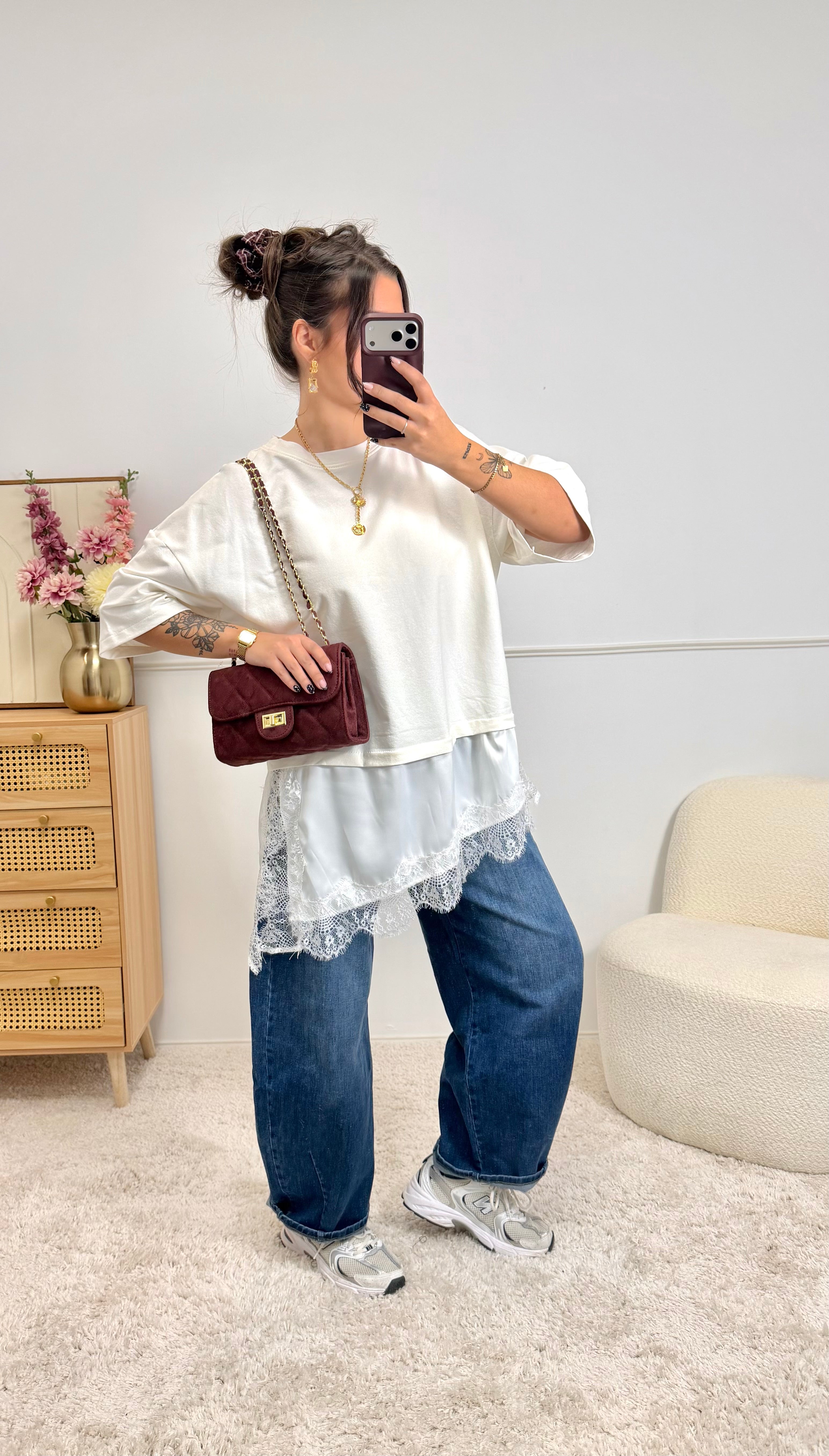 T-shirt Oversize avec Dentelle Blanc 