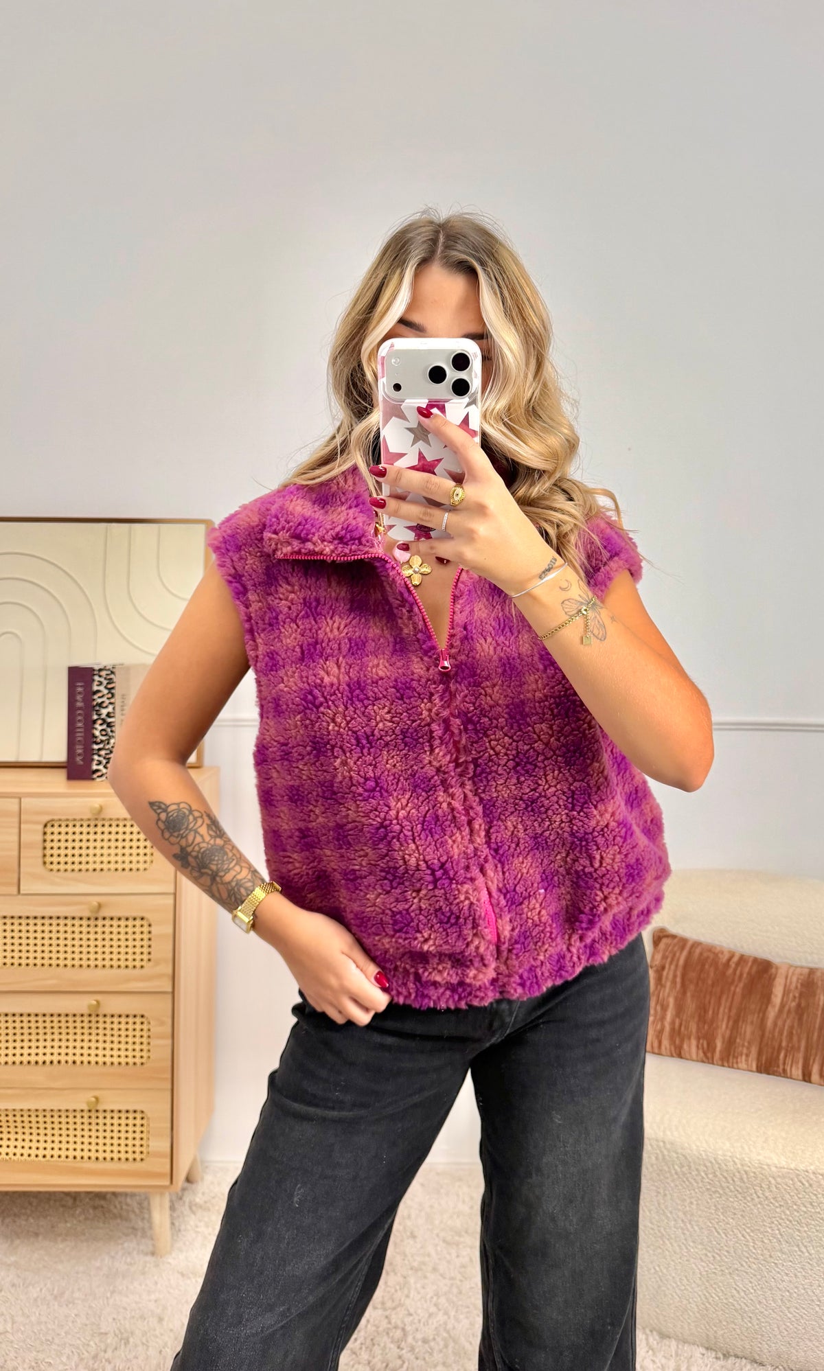 Veste Teddy carreaux fuchsia