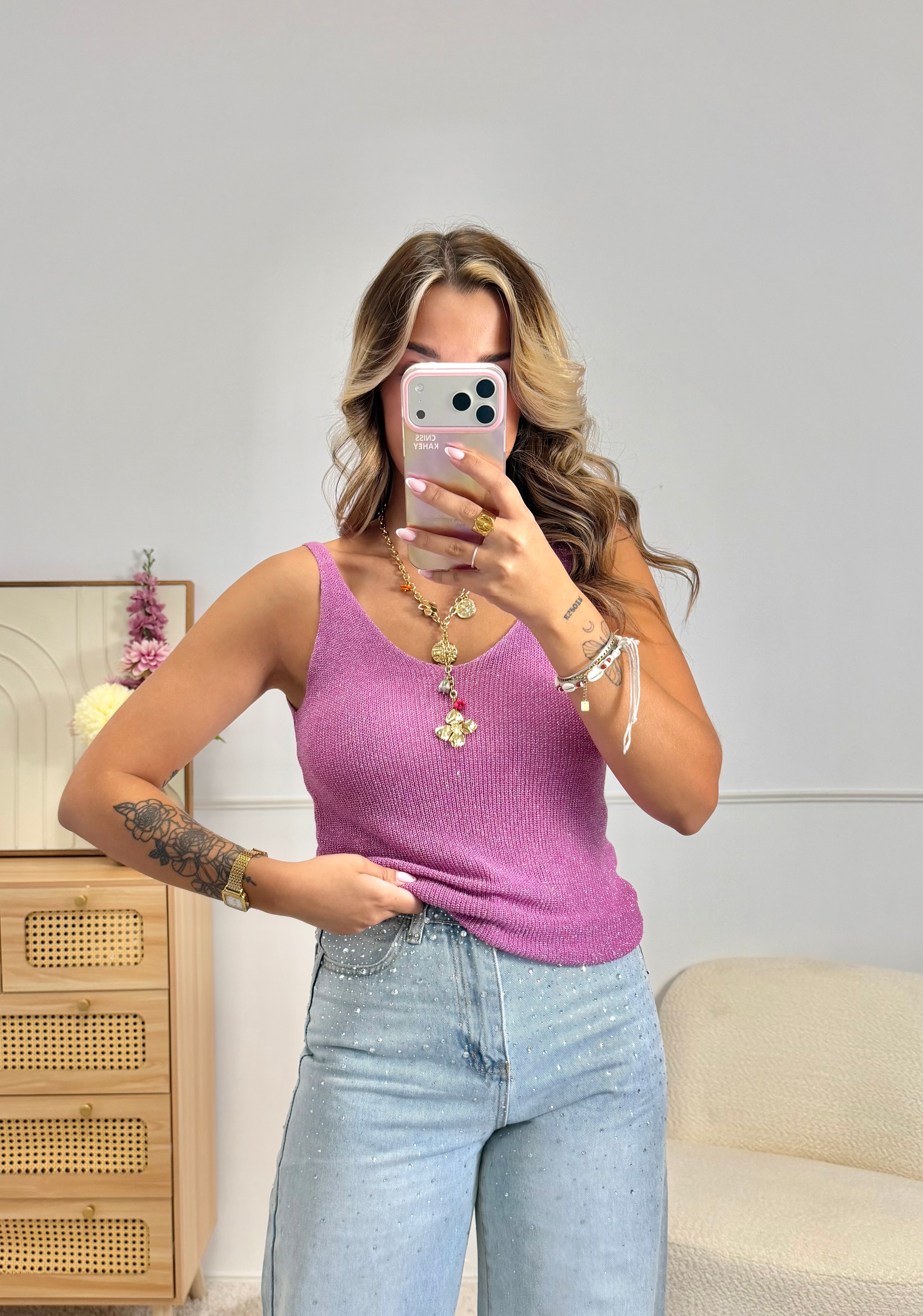 Top Maille Brillantes Mauve