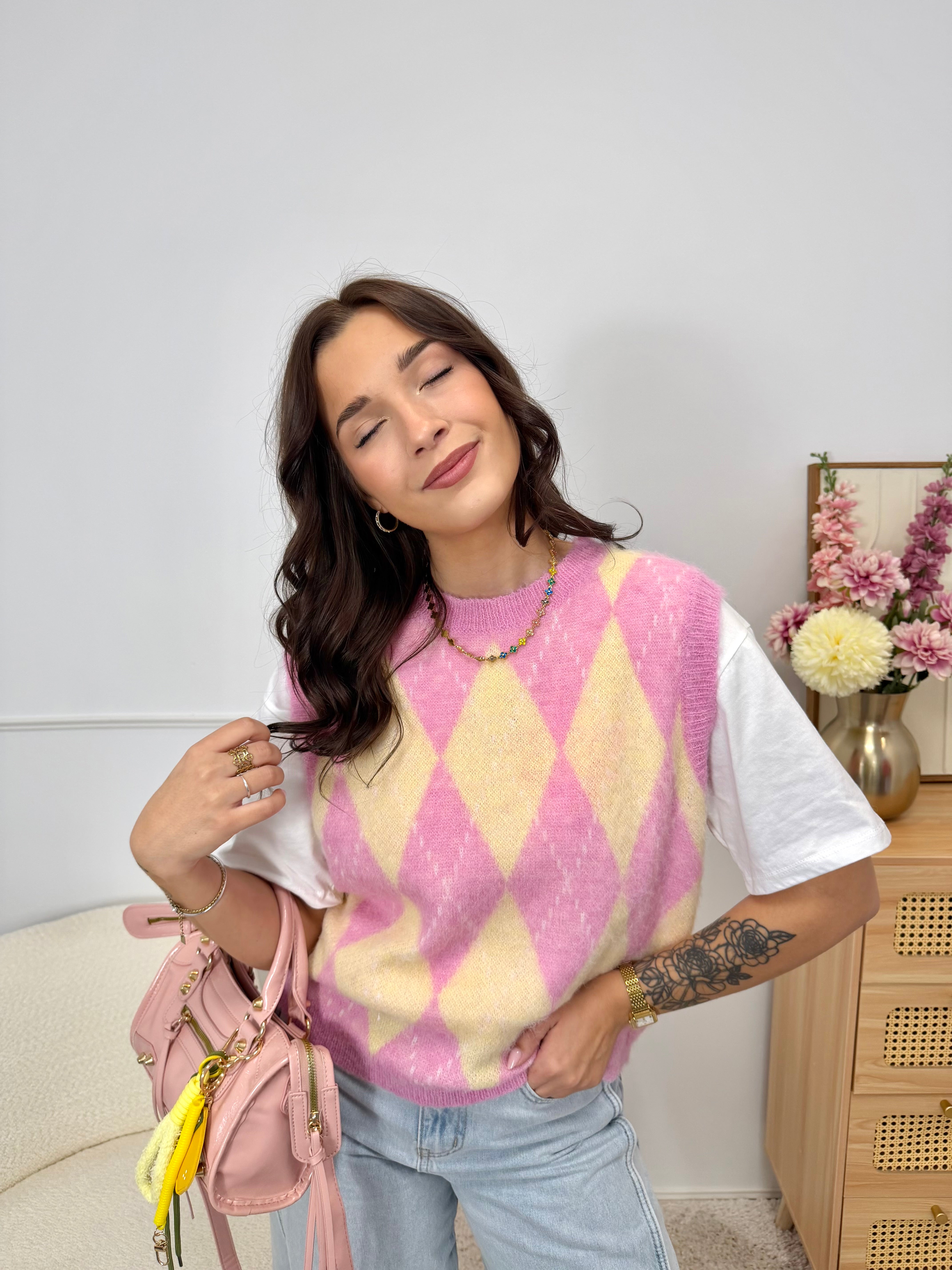 Pull Sans Manches Rose & Jaune