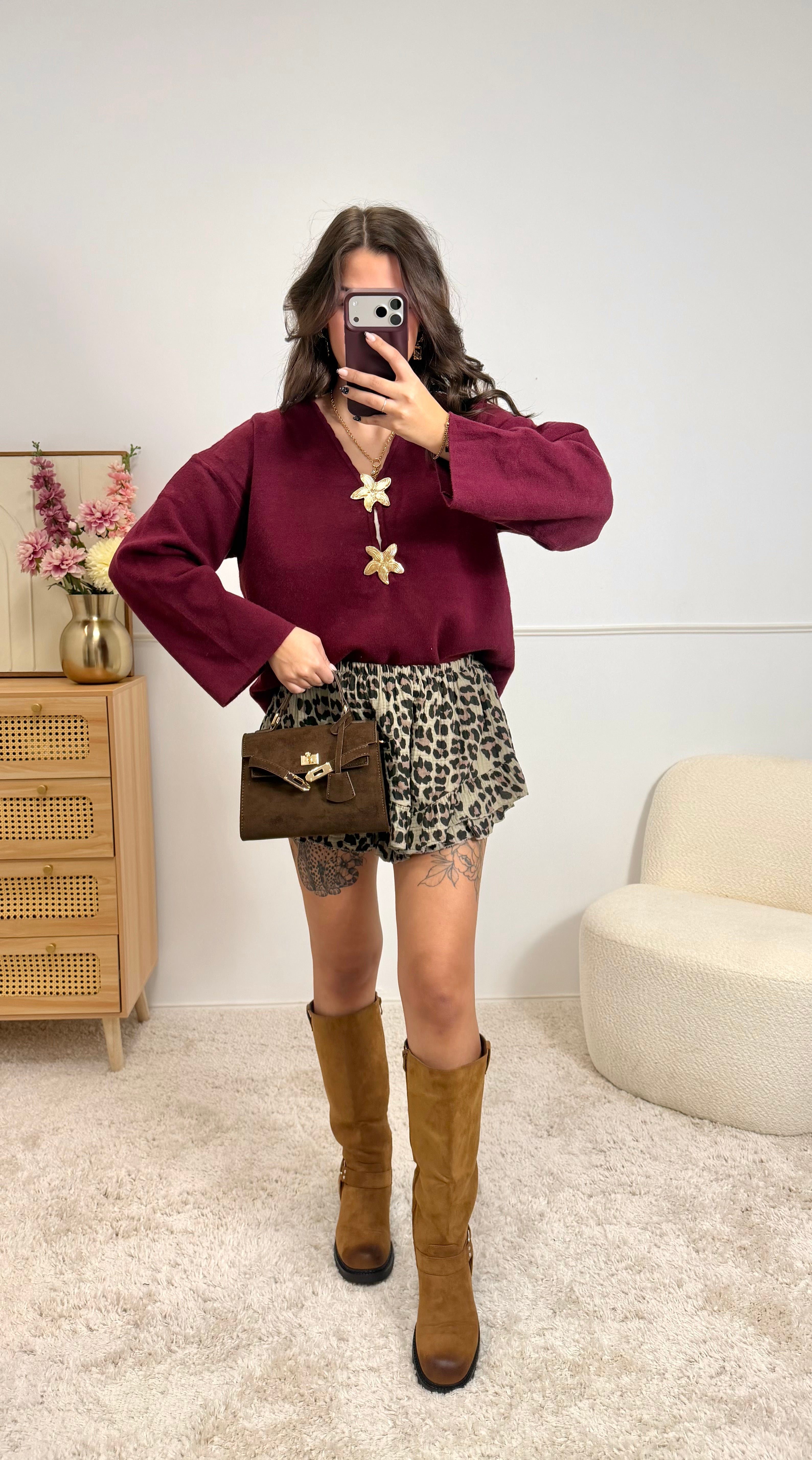 Pull Bijoux Fleurs Bordeaux