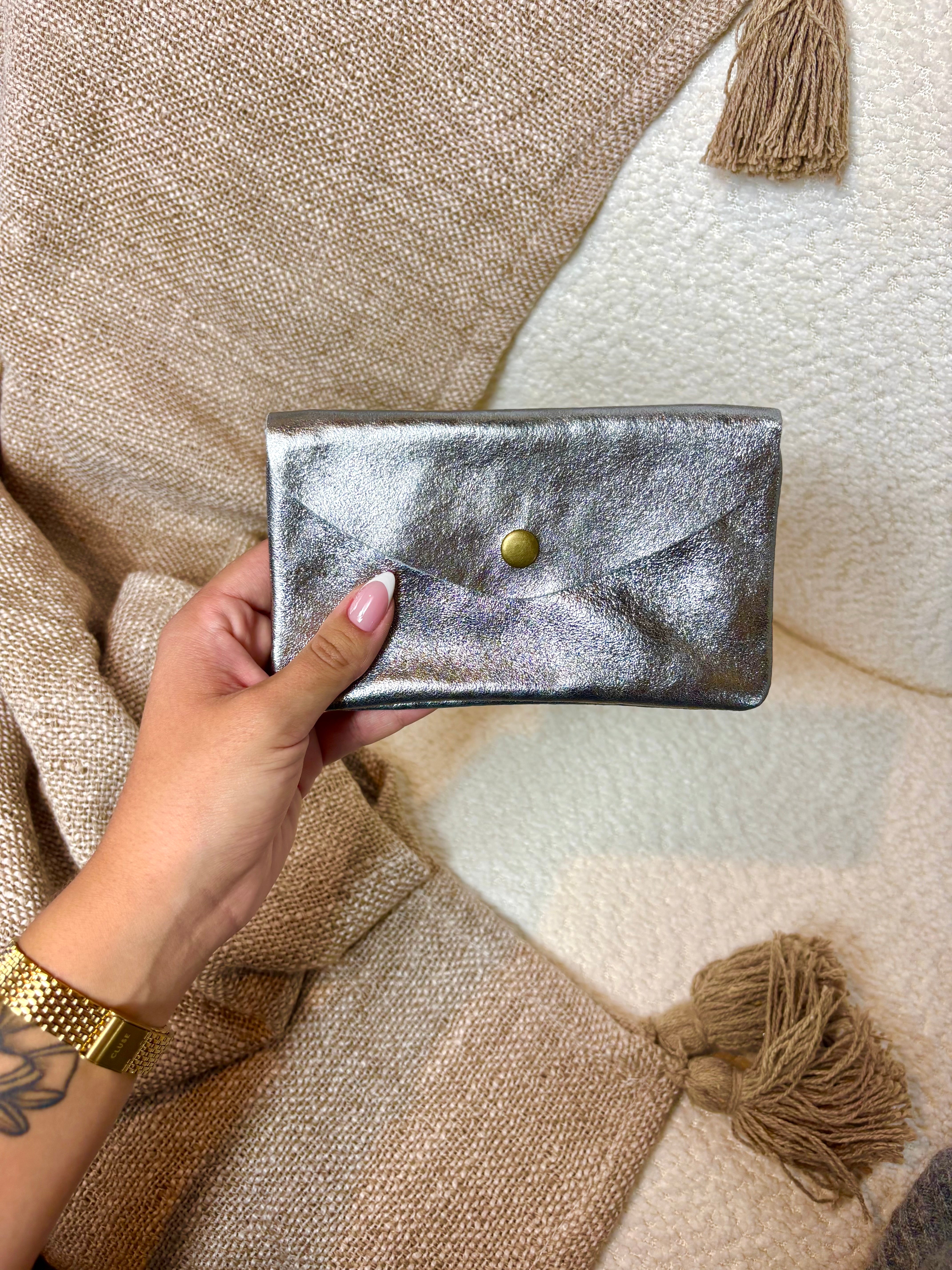 Porte Feuille 100% Cuir Argenté