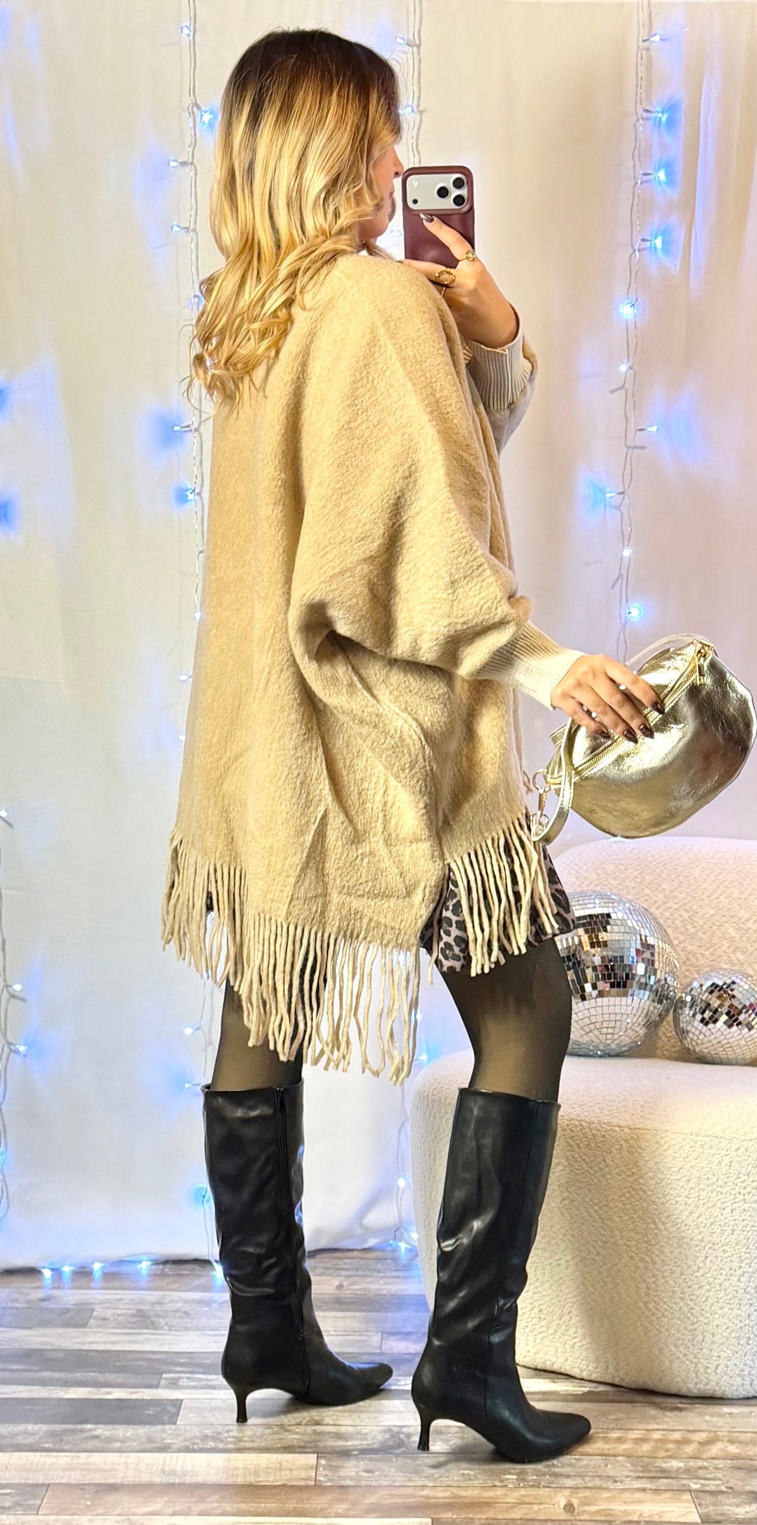 Veste Chaude Franges Beige