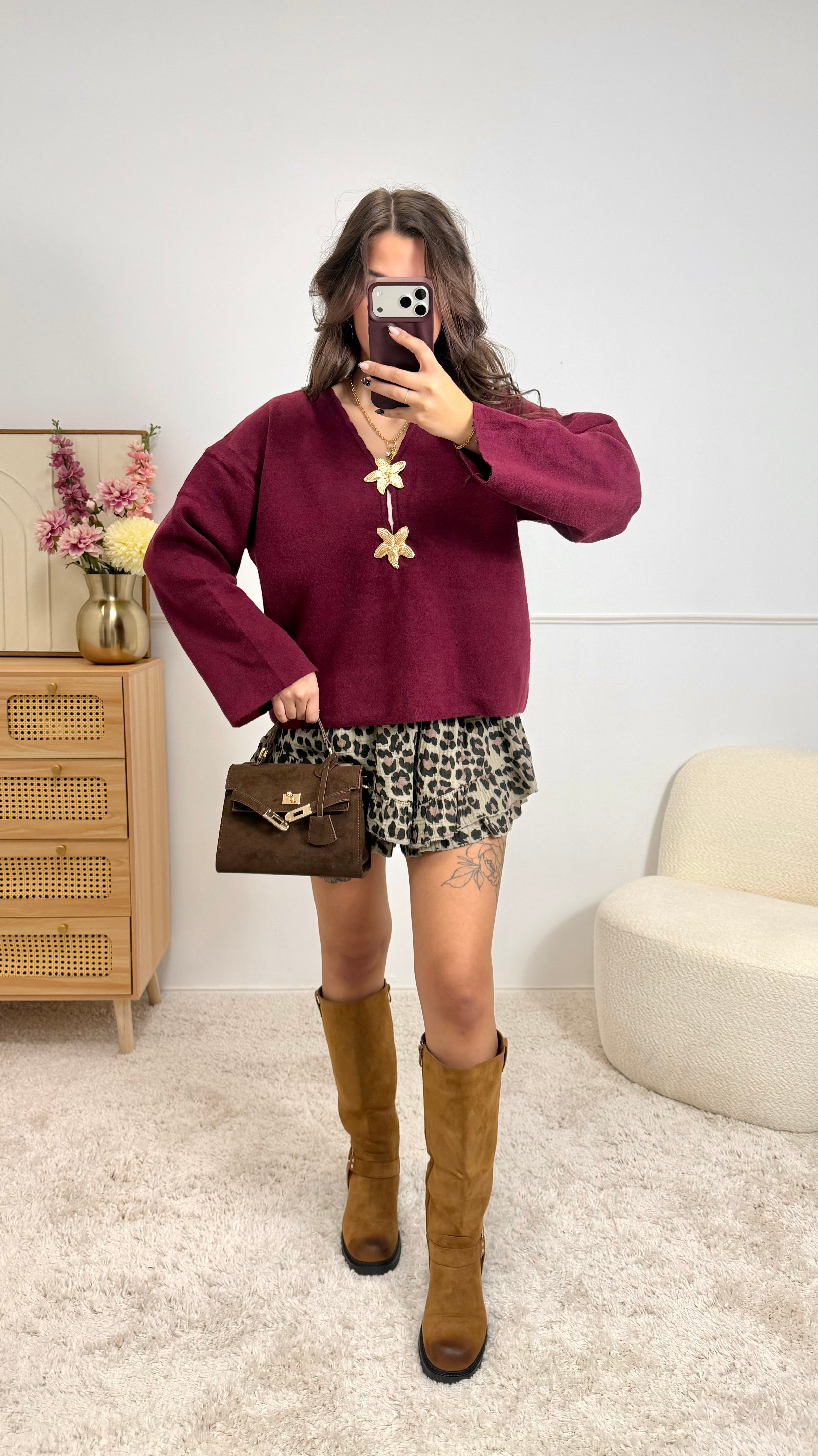 Pull Bijoux Fleurs Bordeaux