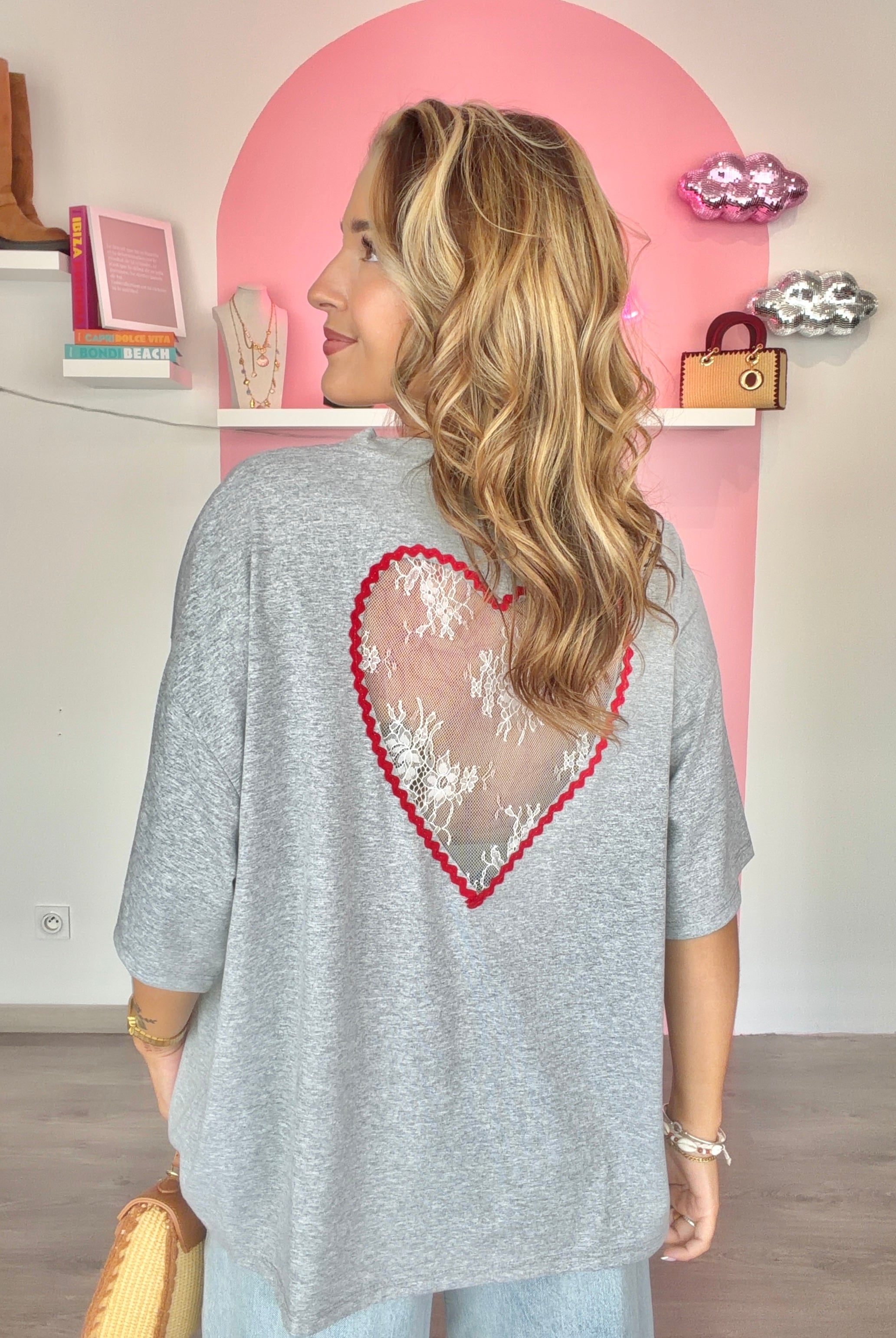 T-Shirt Dos Cœur Dentelle gris
