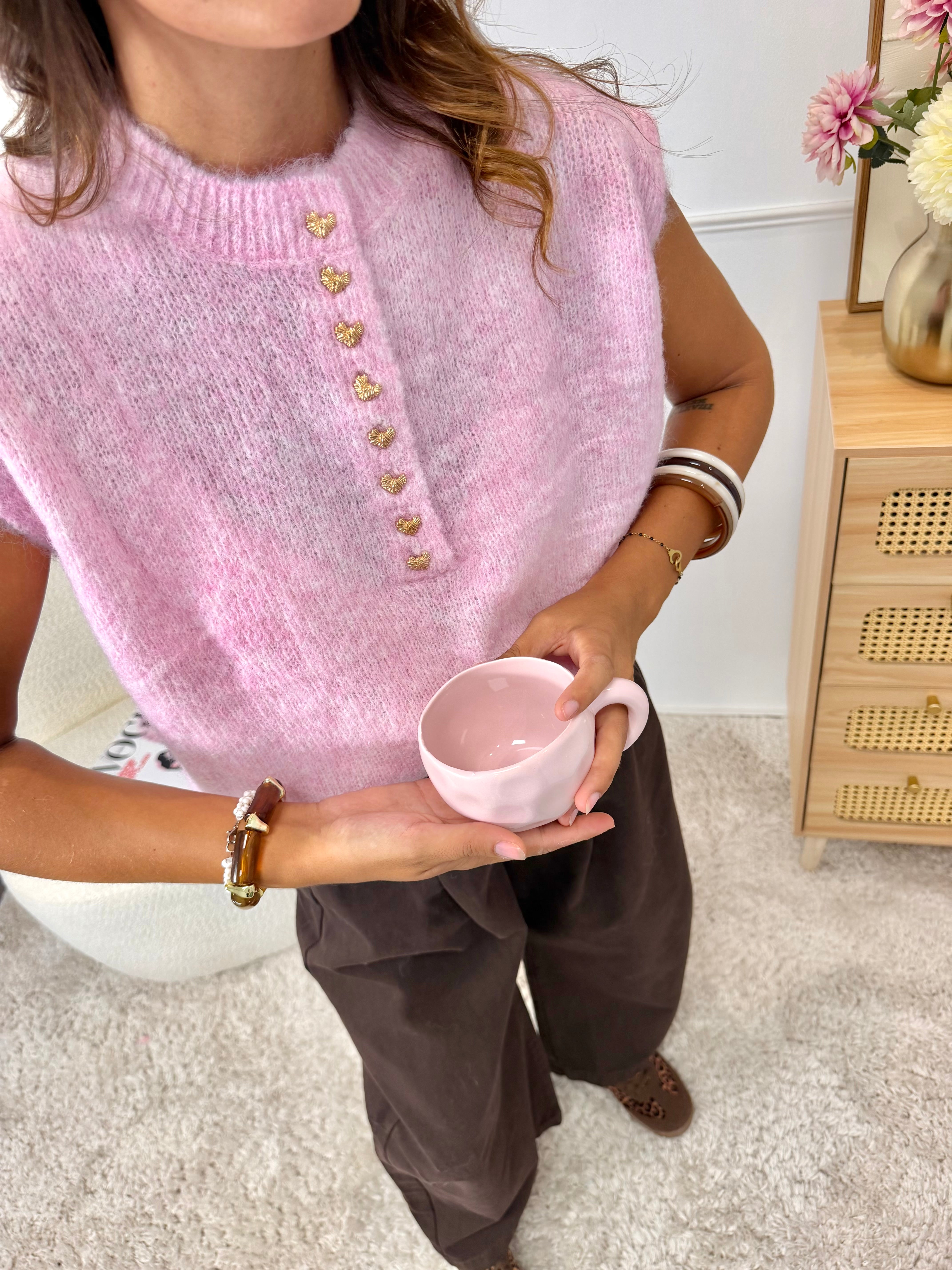 Pull Bouton Cœur Rose