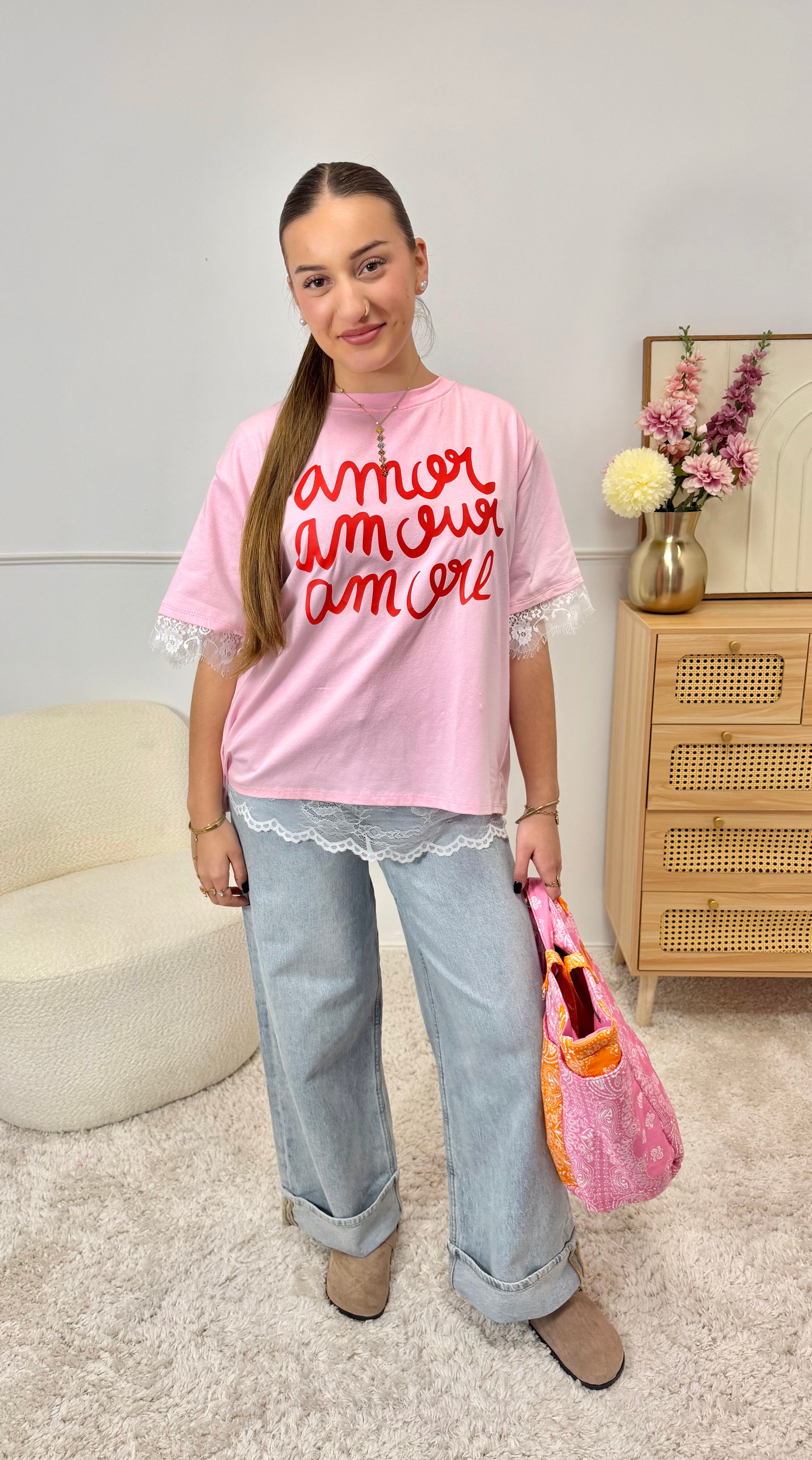 T-Shirt AMOUR dentelle Rose