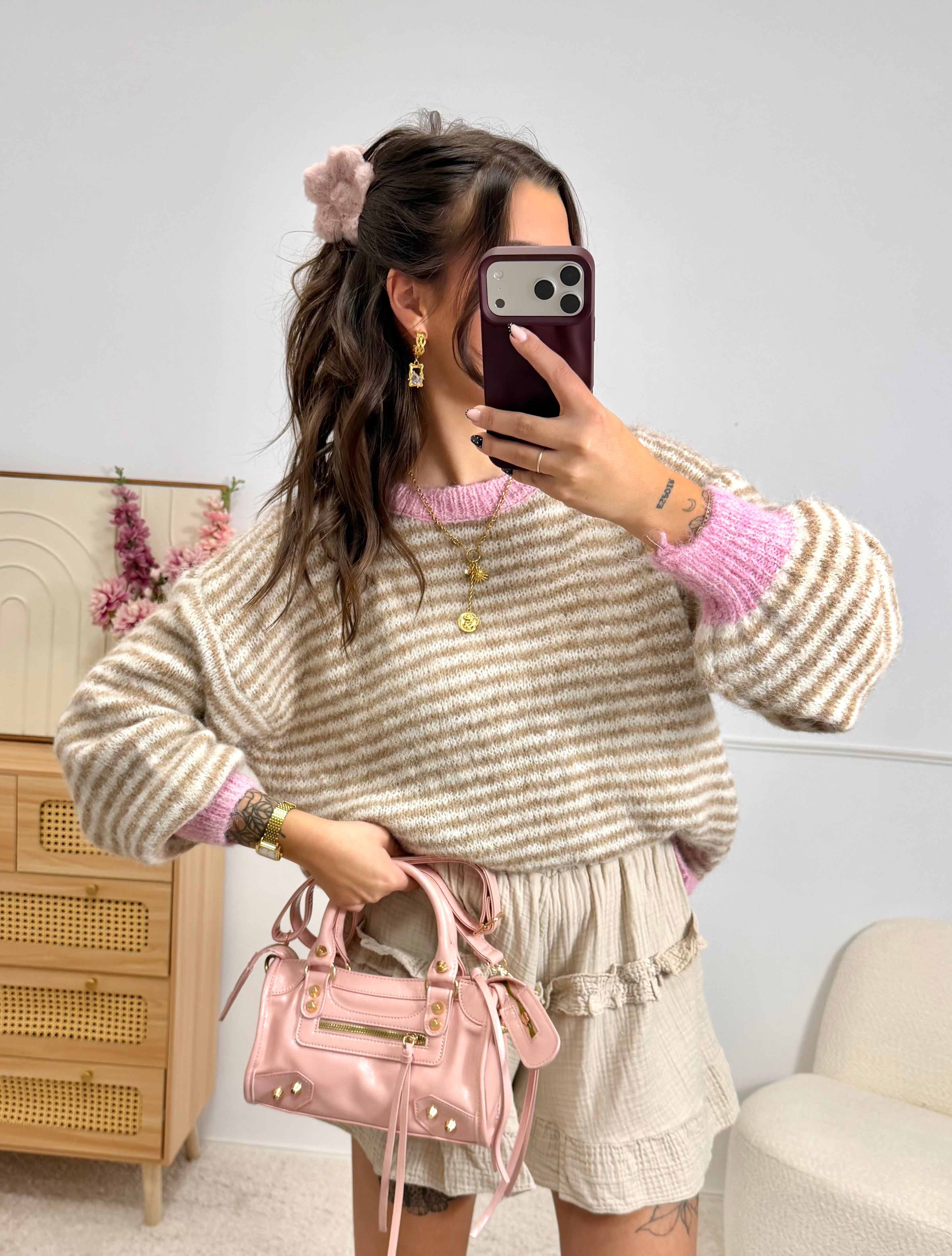 Pull Rayé Beige & Rose