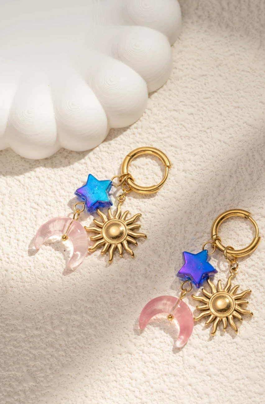 Boucles créoles charms étoile soleil lune résine acier inoxydable