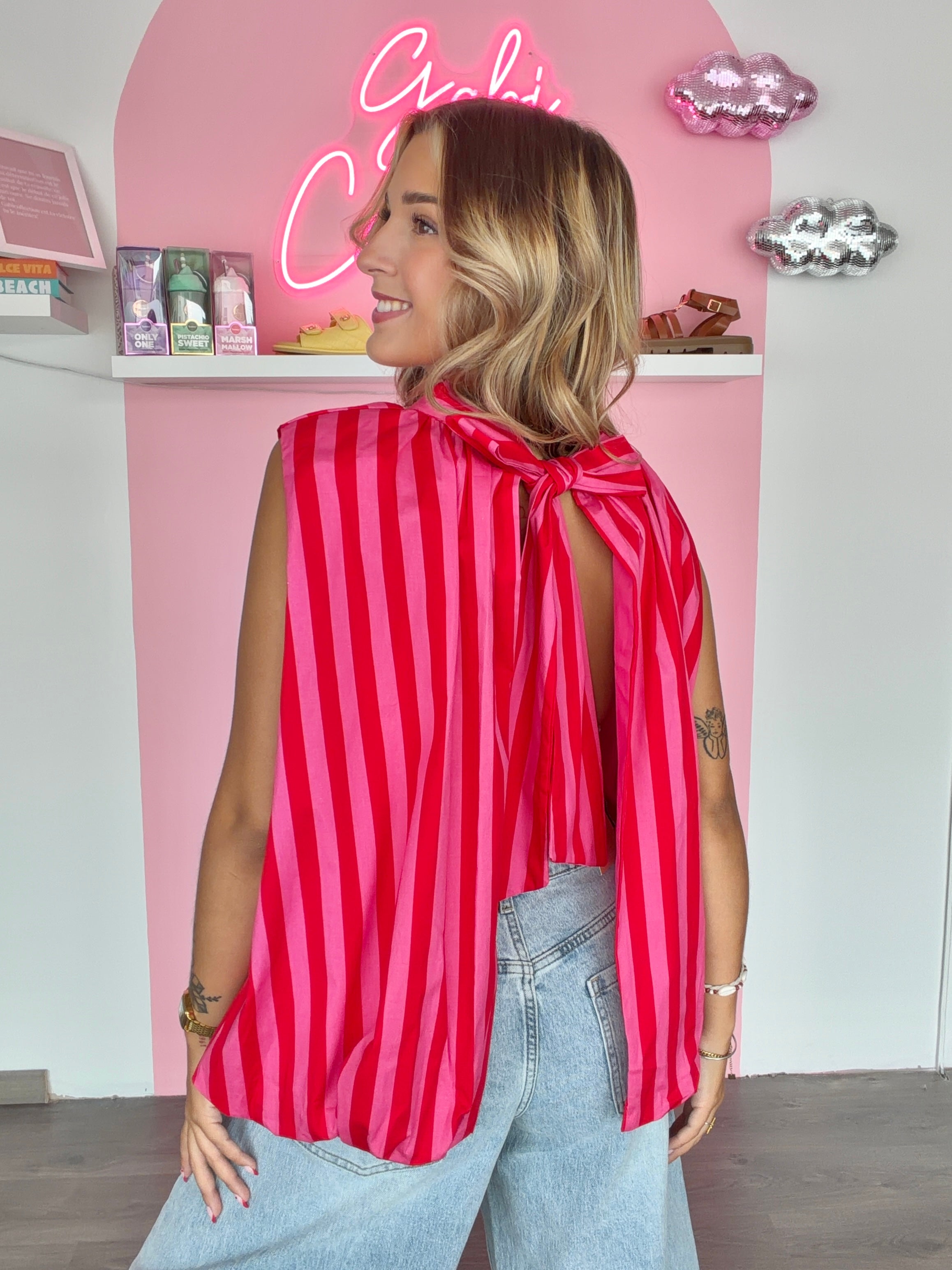 Top Rayé Dos Nu Rouge