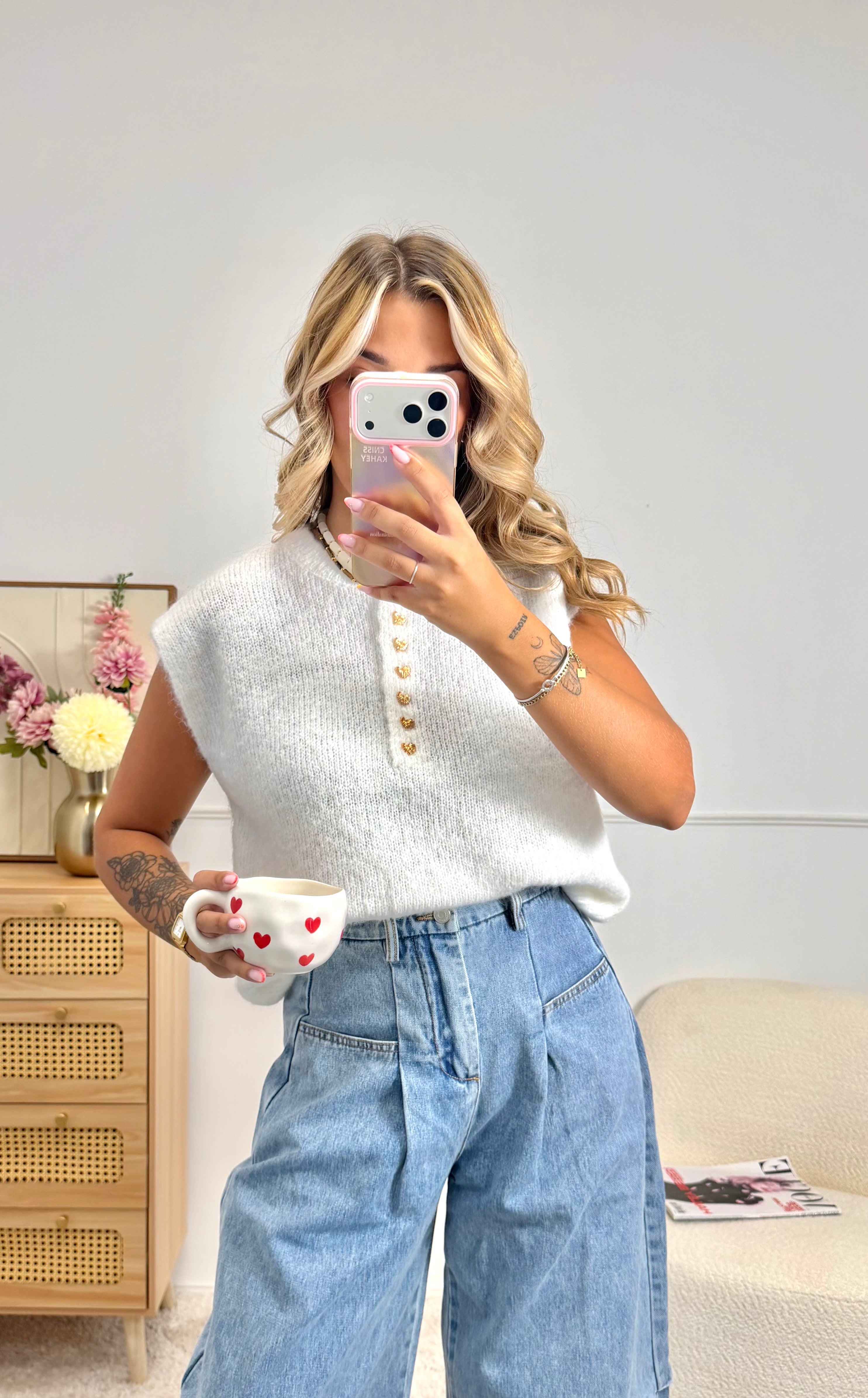 Pull Bouton Cœur Blanc