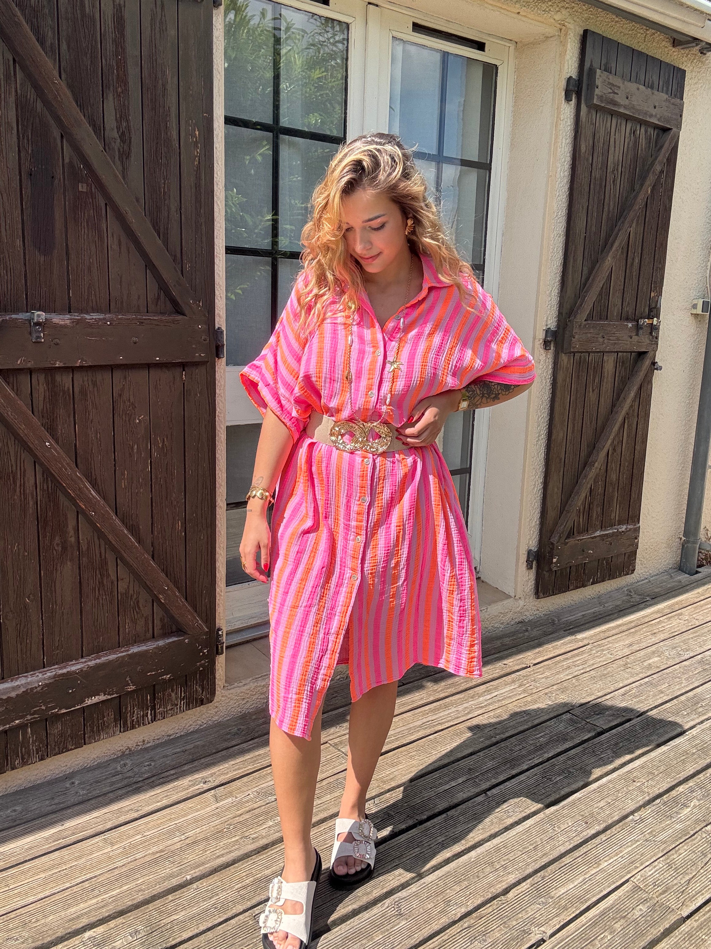 Robe Chemise Rayée Rose