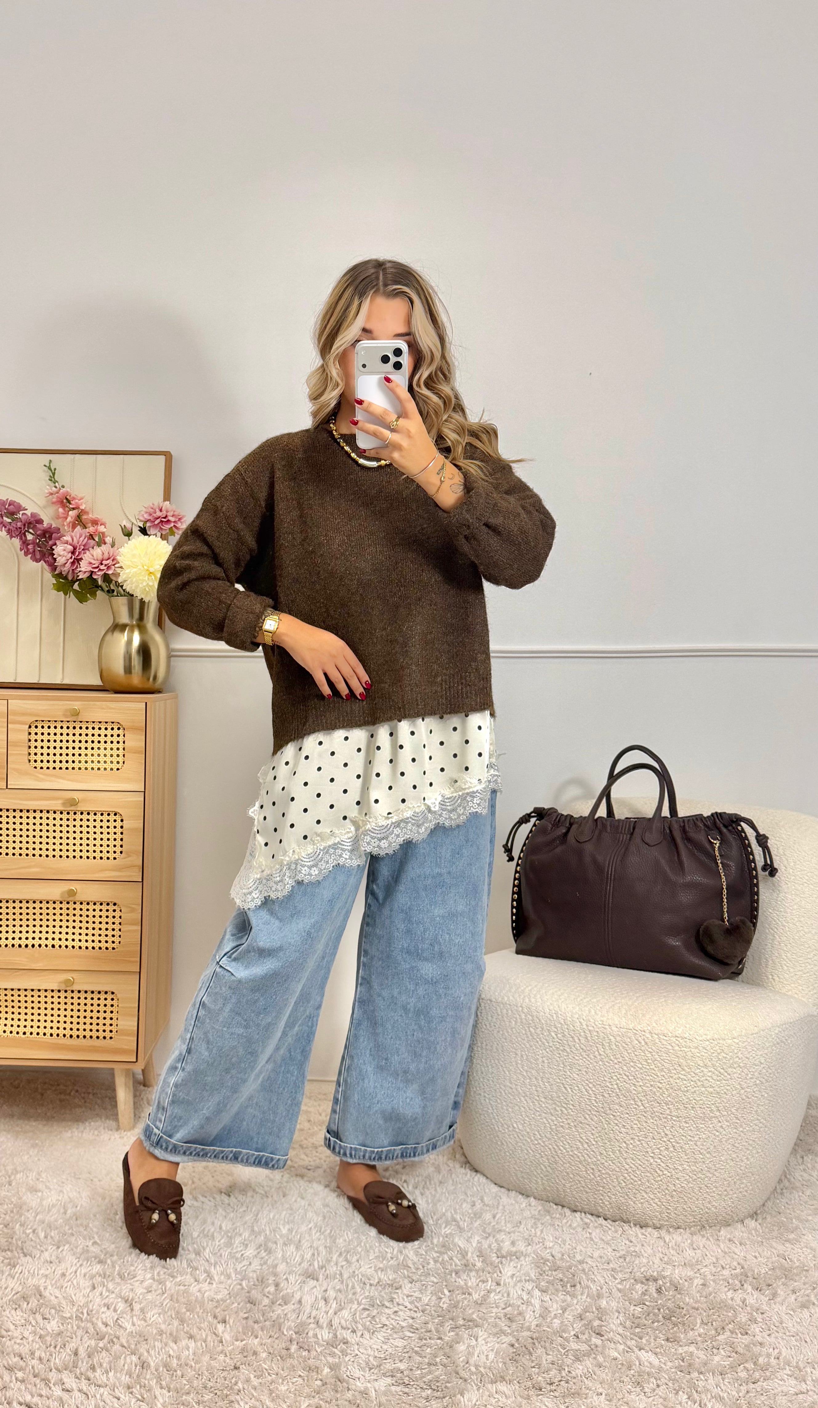 Pull dentelle choco à pois choco