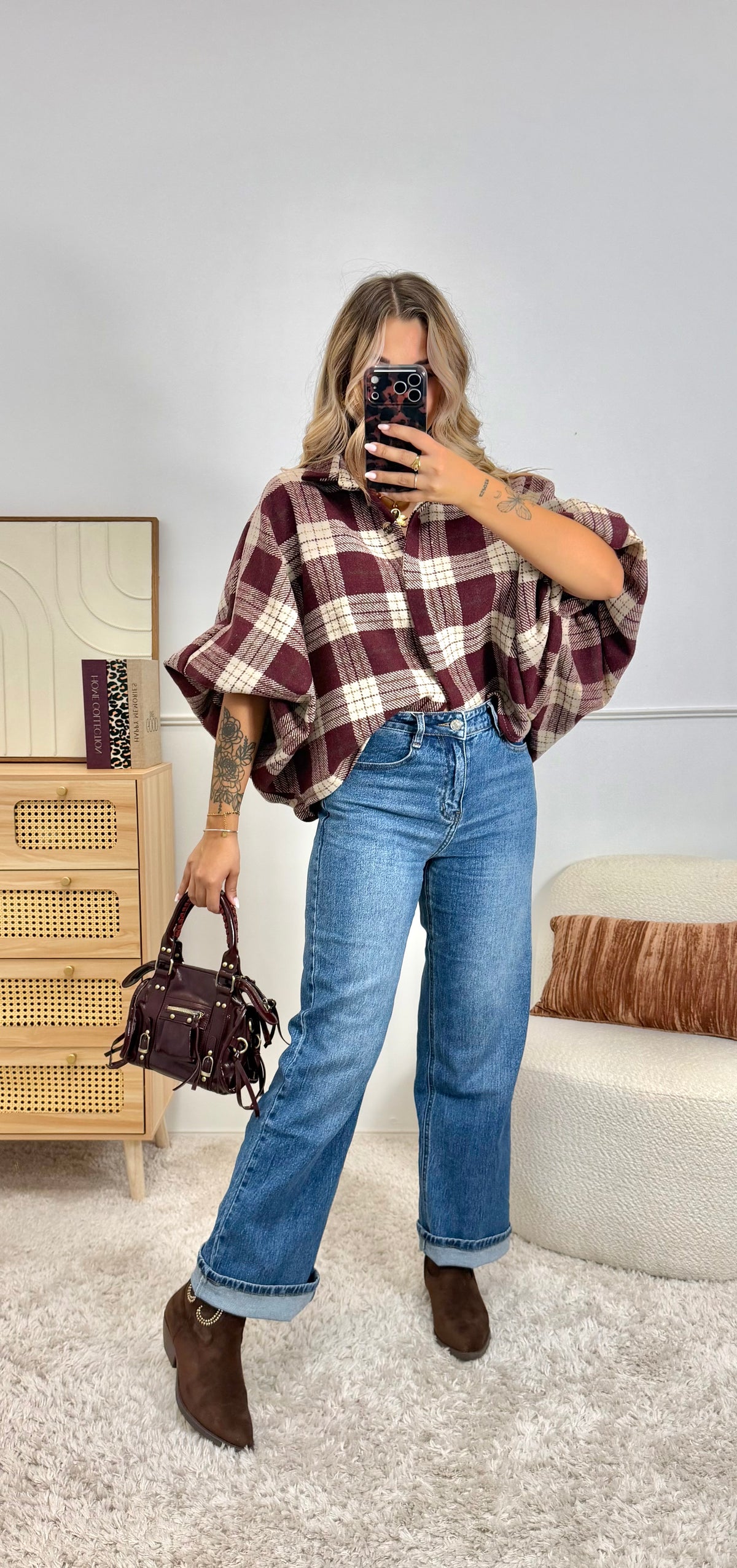 Chemise oversize à carreaux bordeaux
