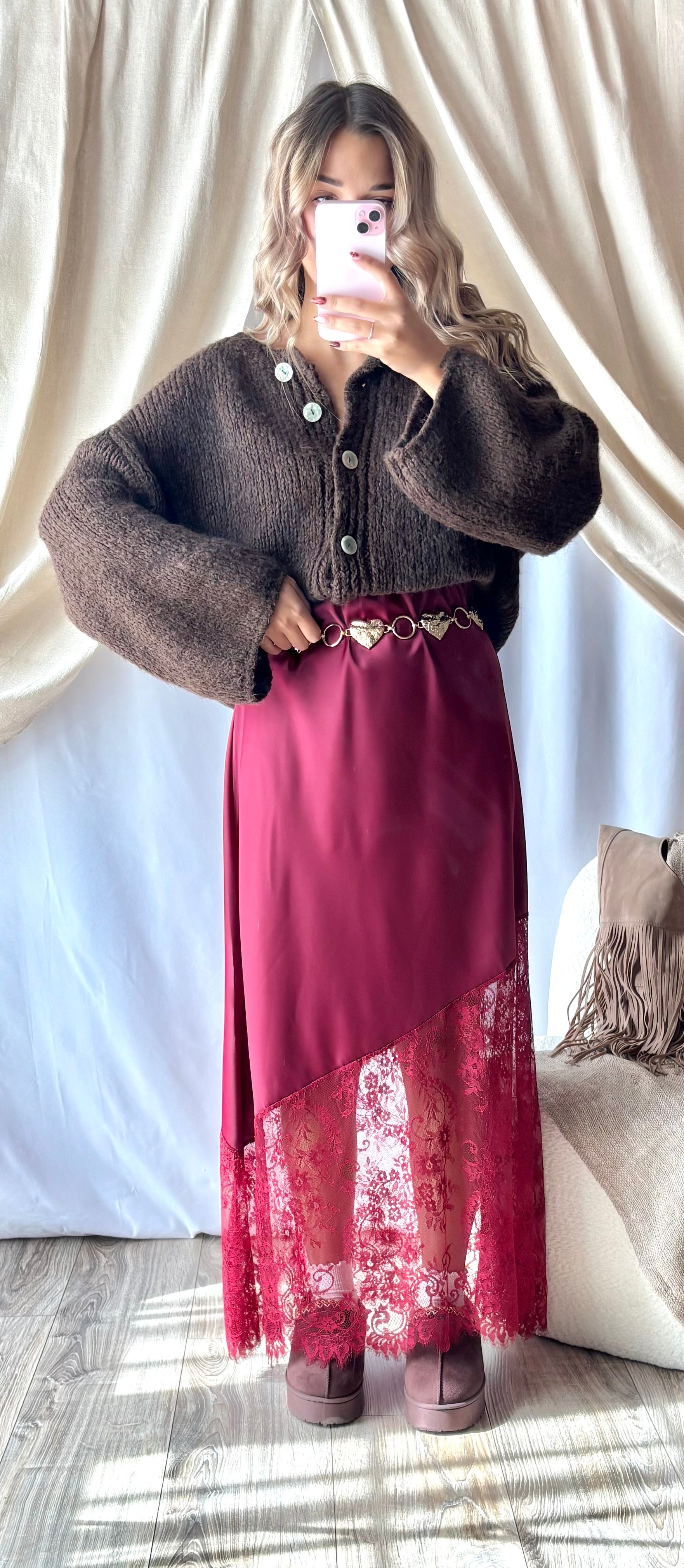 Jupe Satinée Dentelle Bordeaux
