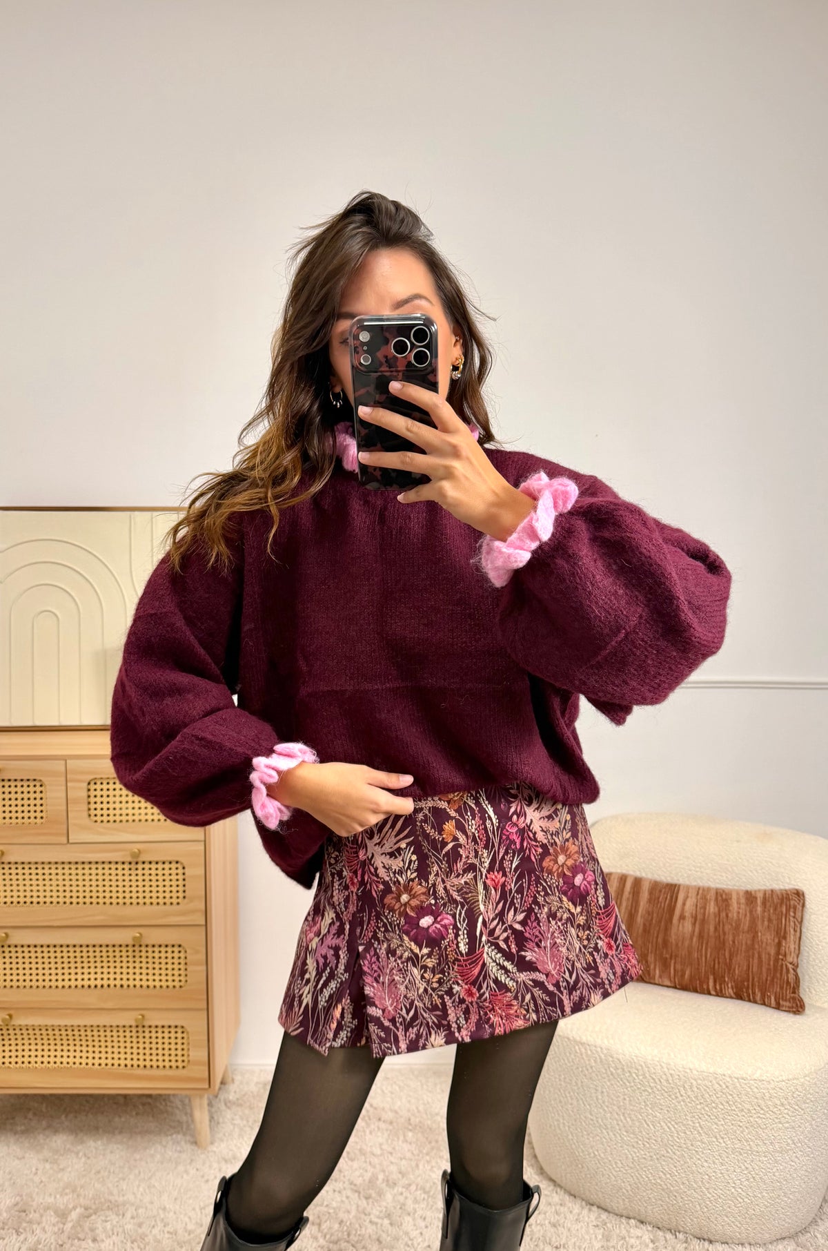 Pull Bordeaux froufrou Rose