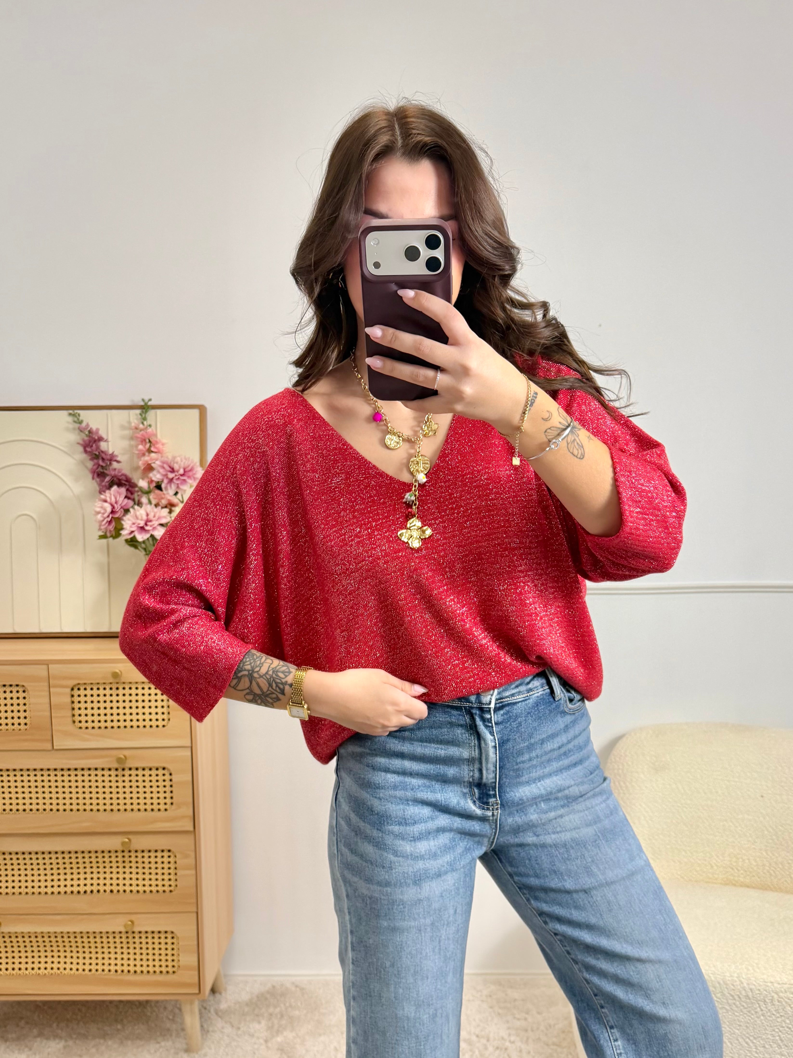 Pull Fin Pailletée Rouge