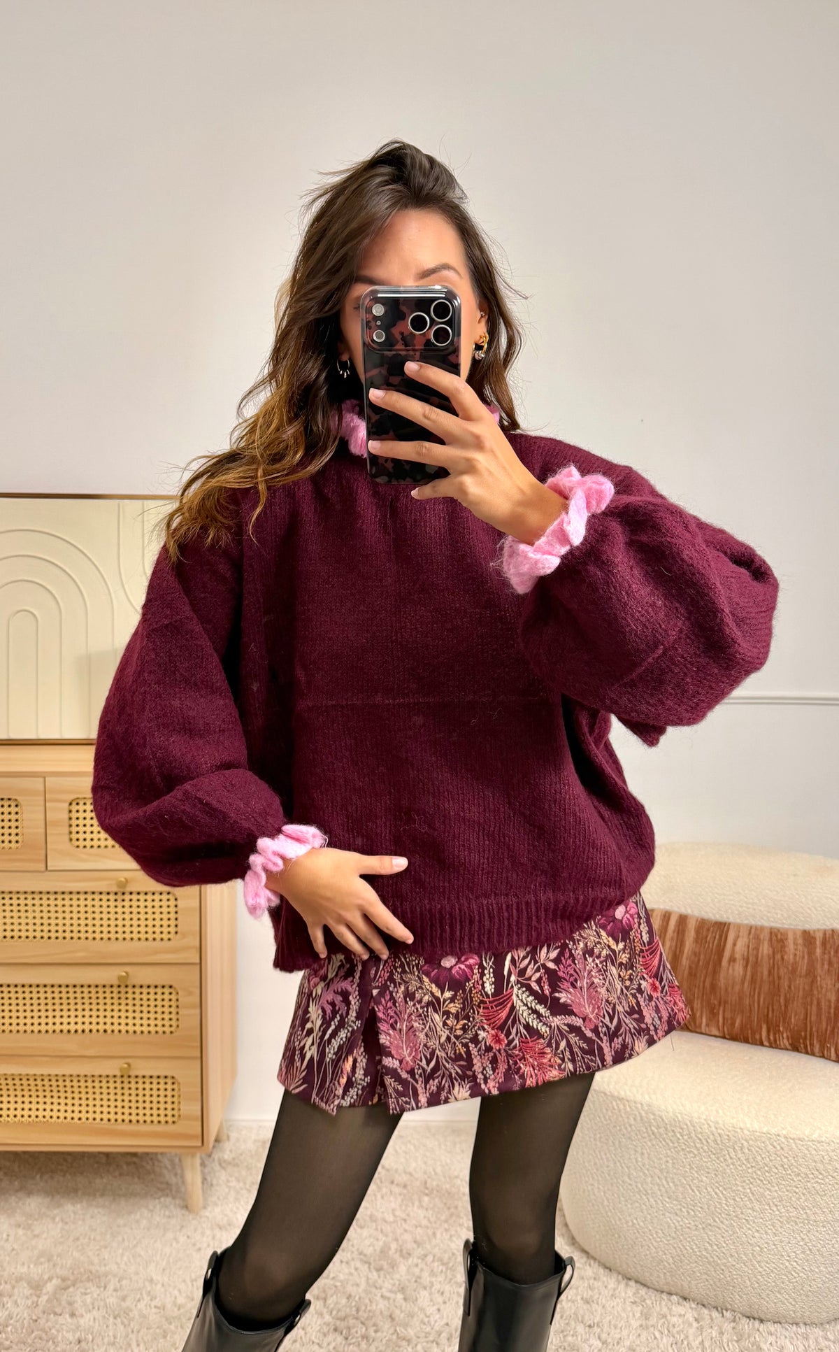 Pull Bordeaux froufrou Rose