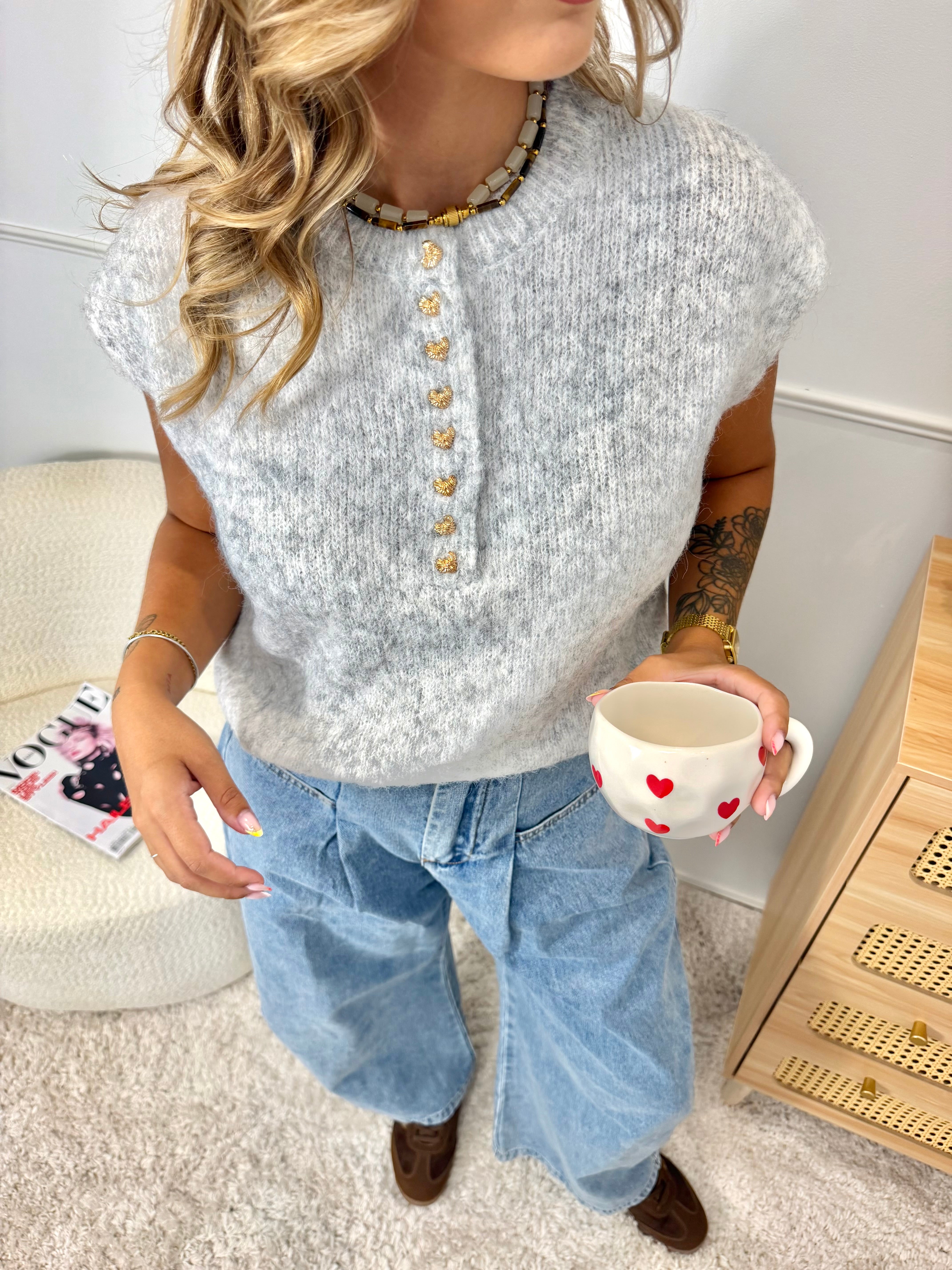 Pull Bouton Cœur Gris