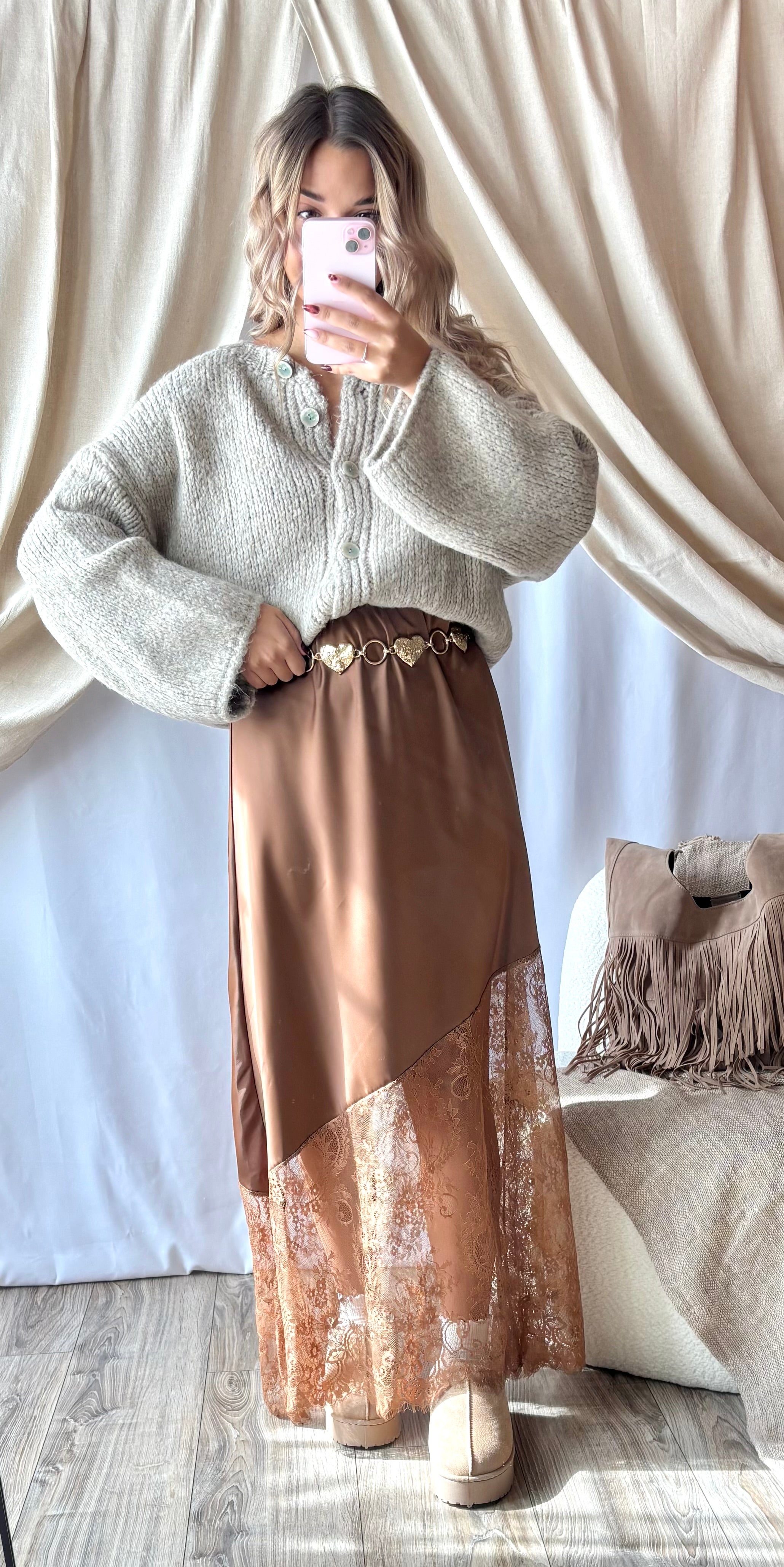 Jupe Satinée Dentelle Camel