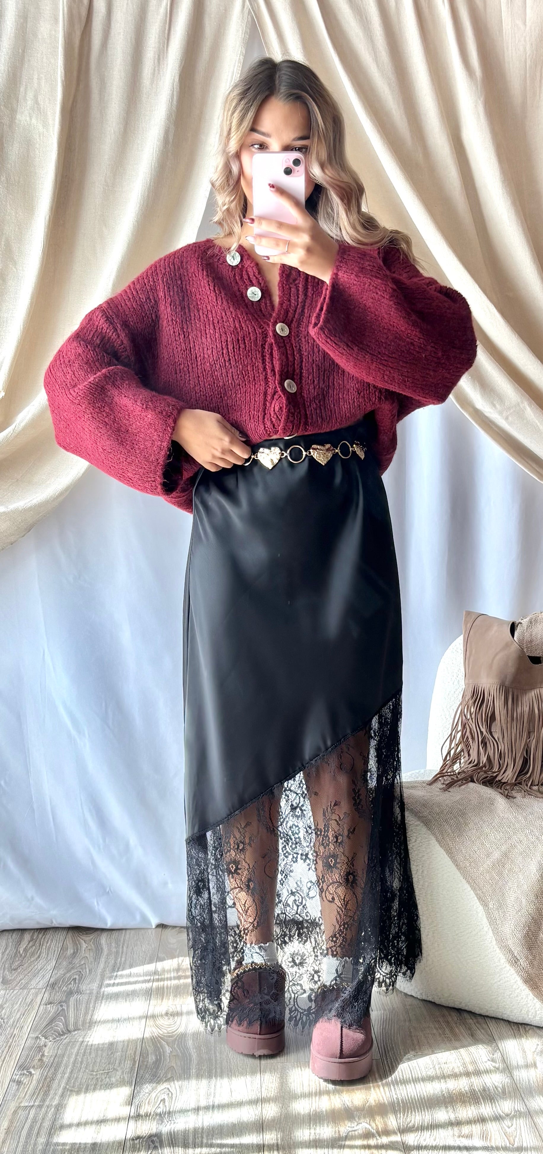 Jupe Satinée Dentelle Noir