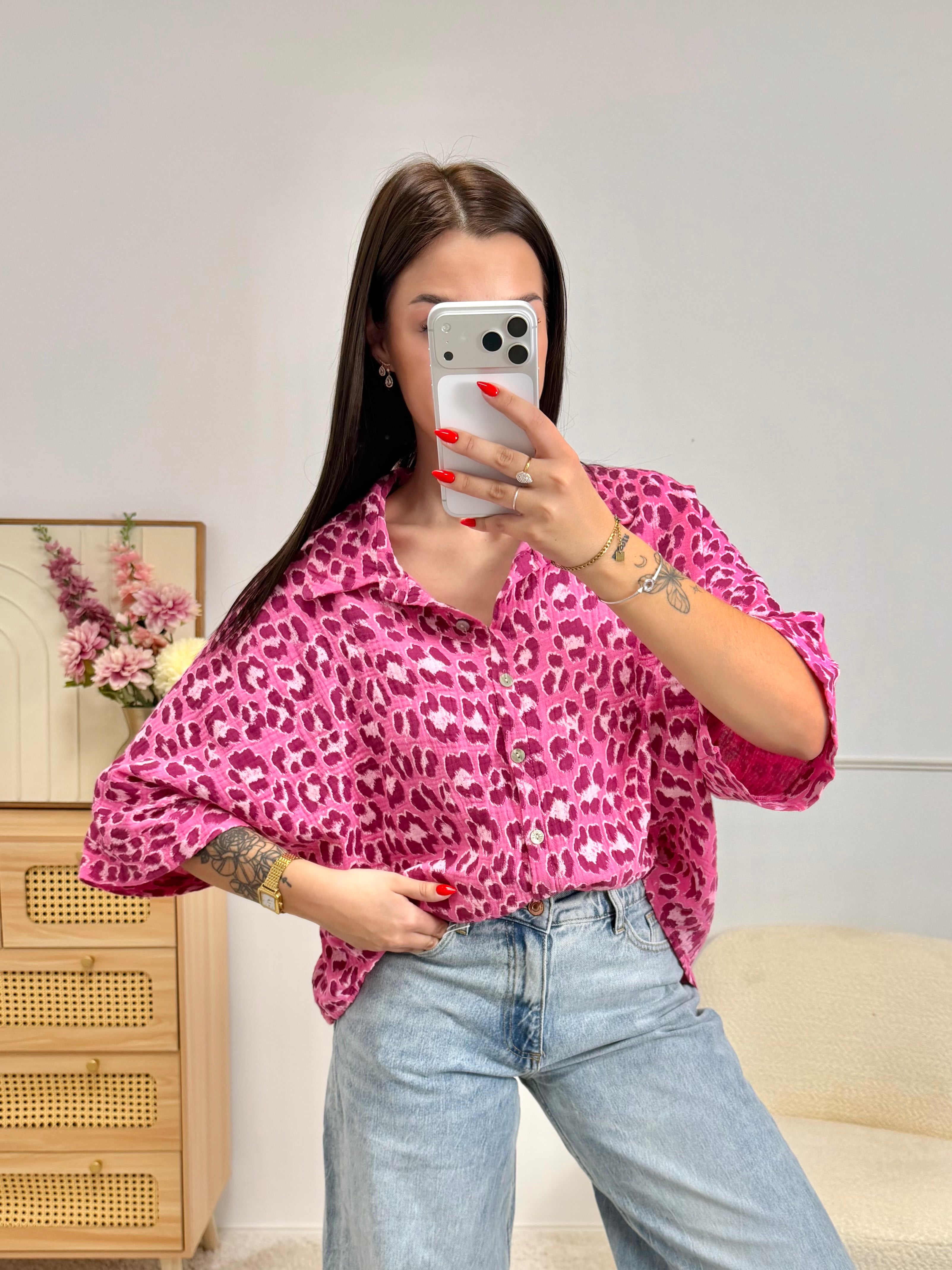 Chemise 100% Coton Léopard Rose