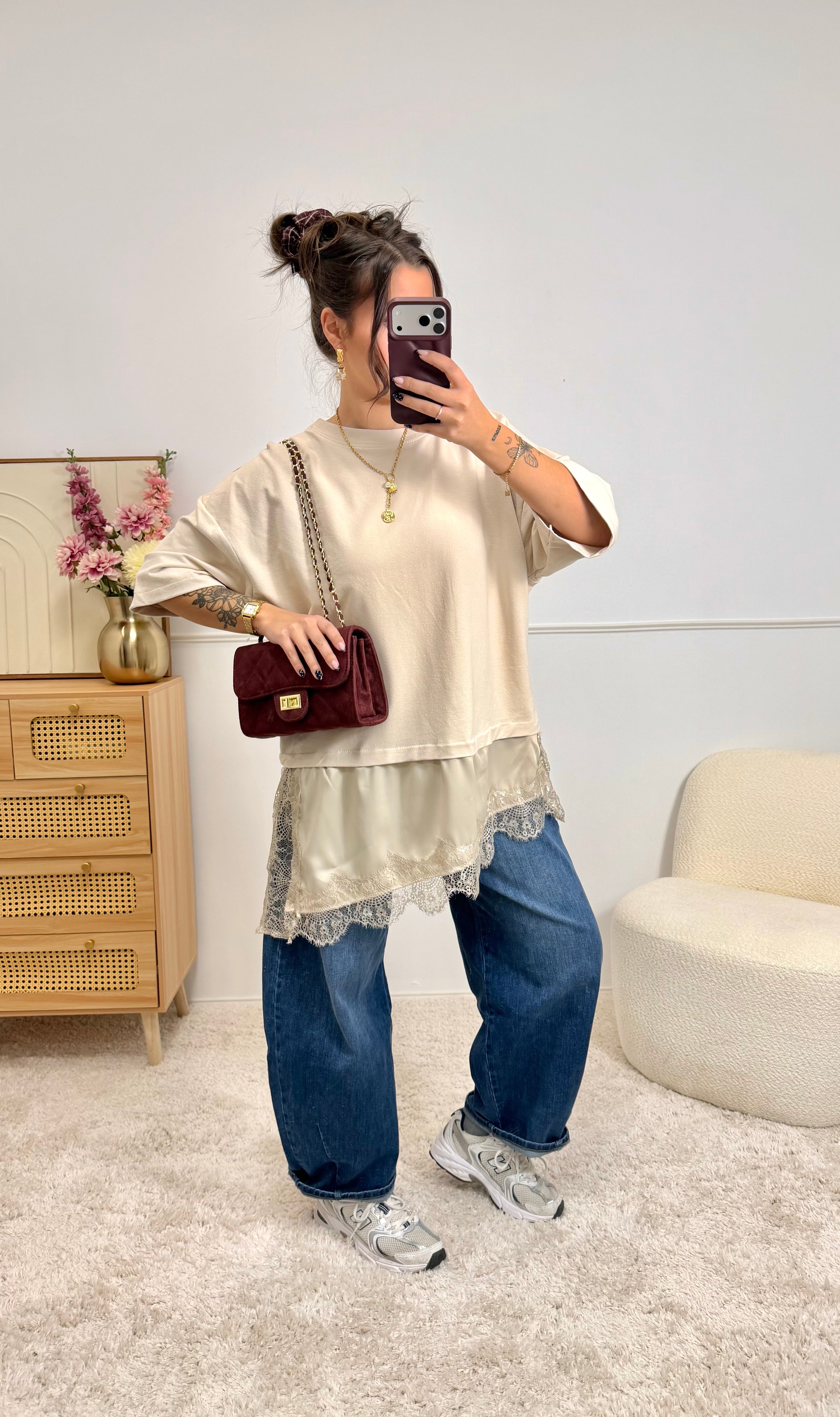 T-shirt Oversize avec dentelle Beige