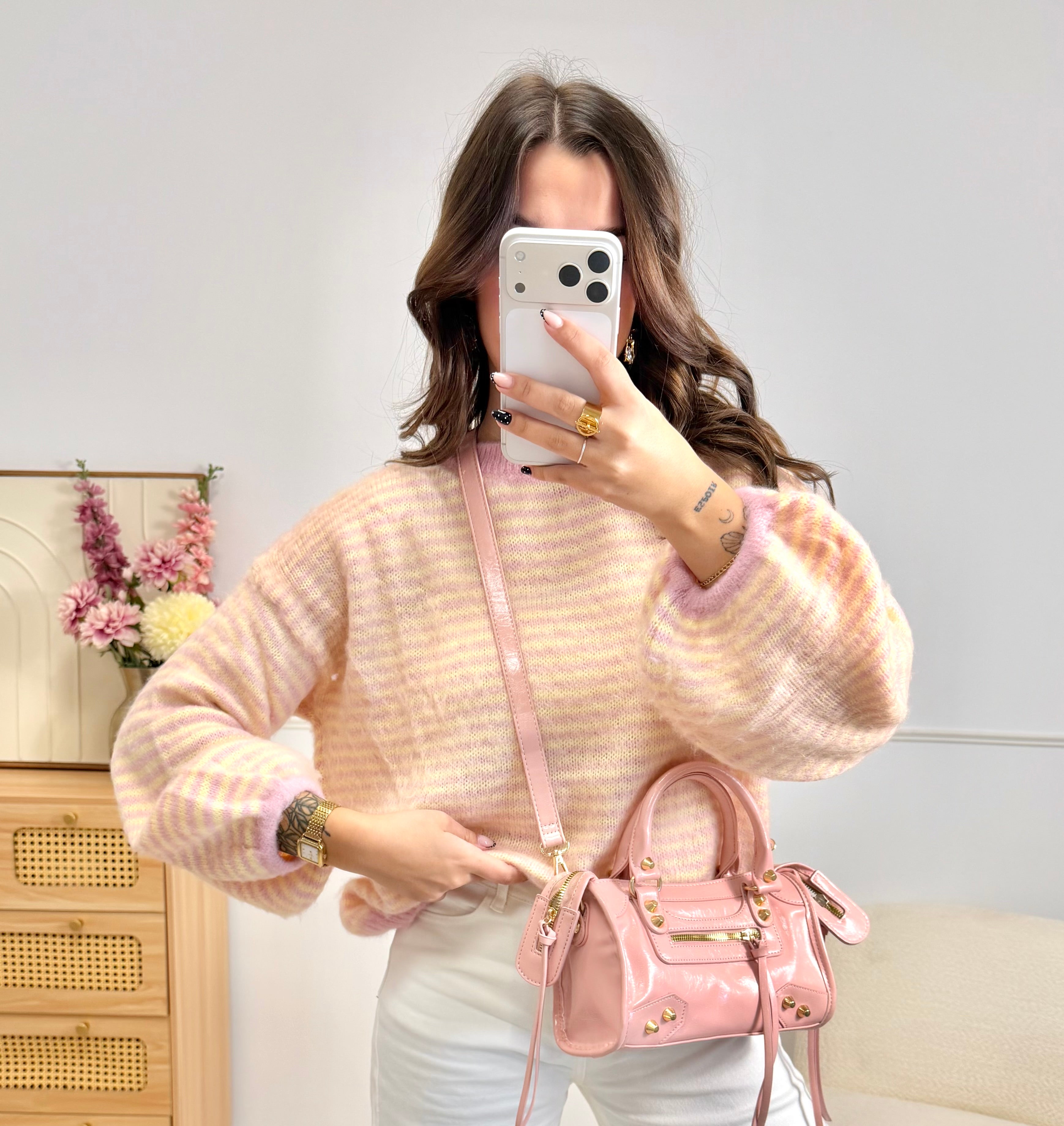 Pull à Rayures Fluffy Rose