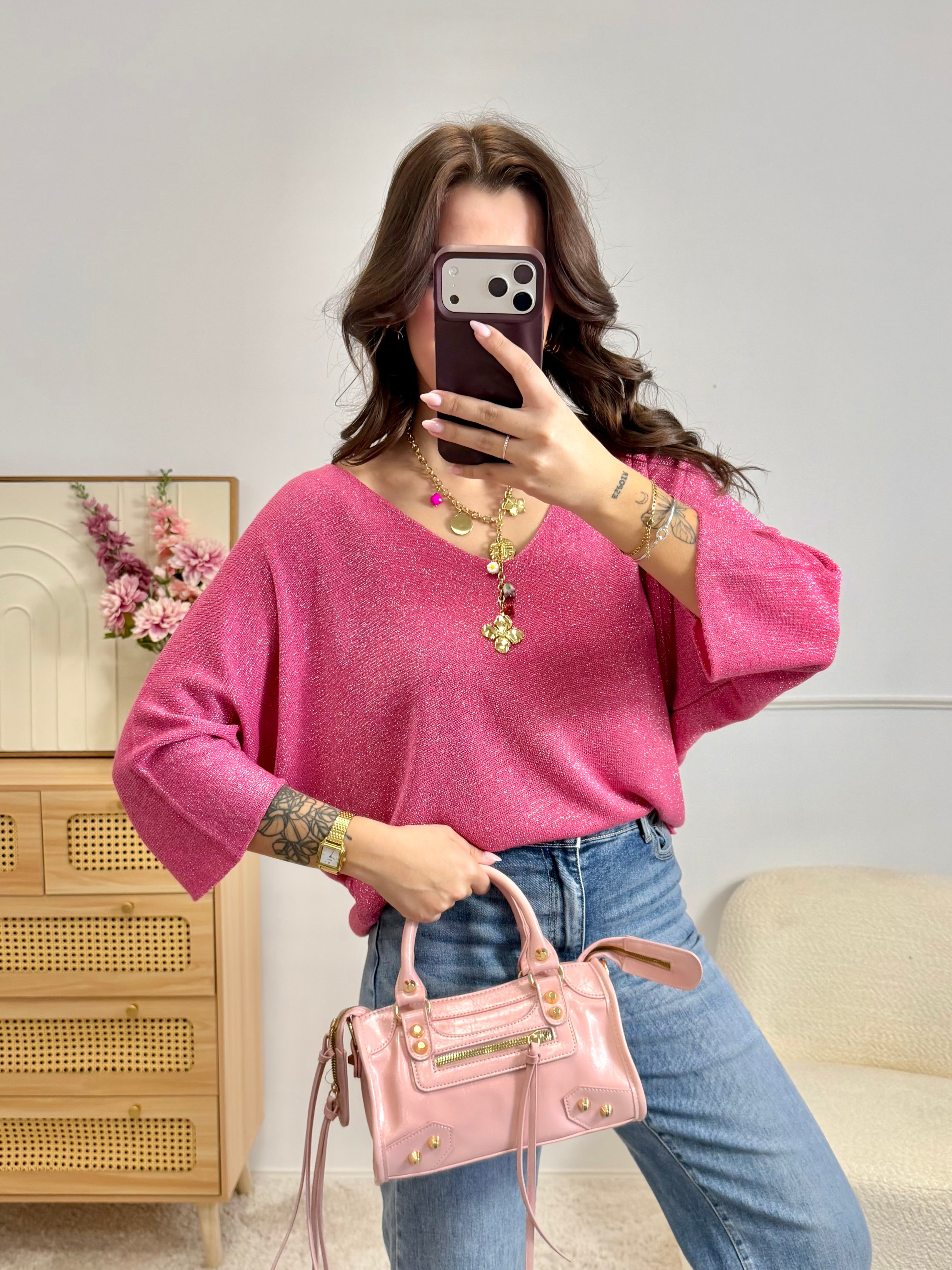 Pull Fin Pailletée Fuschsia