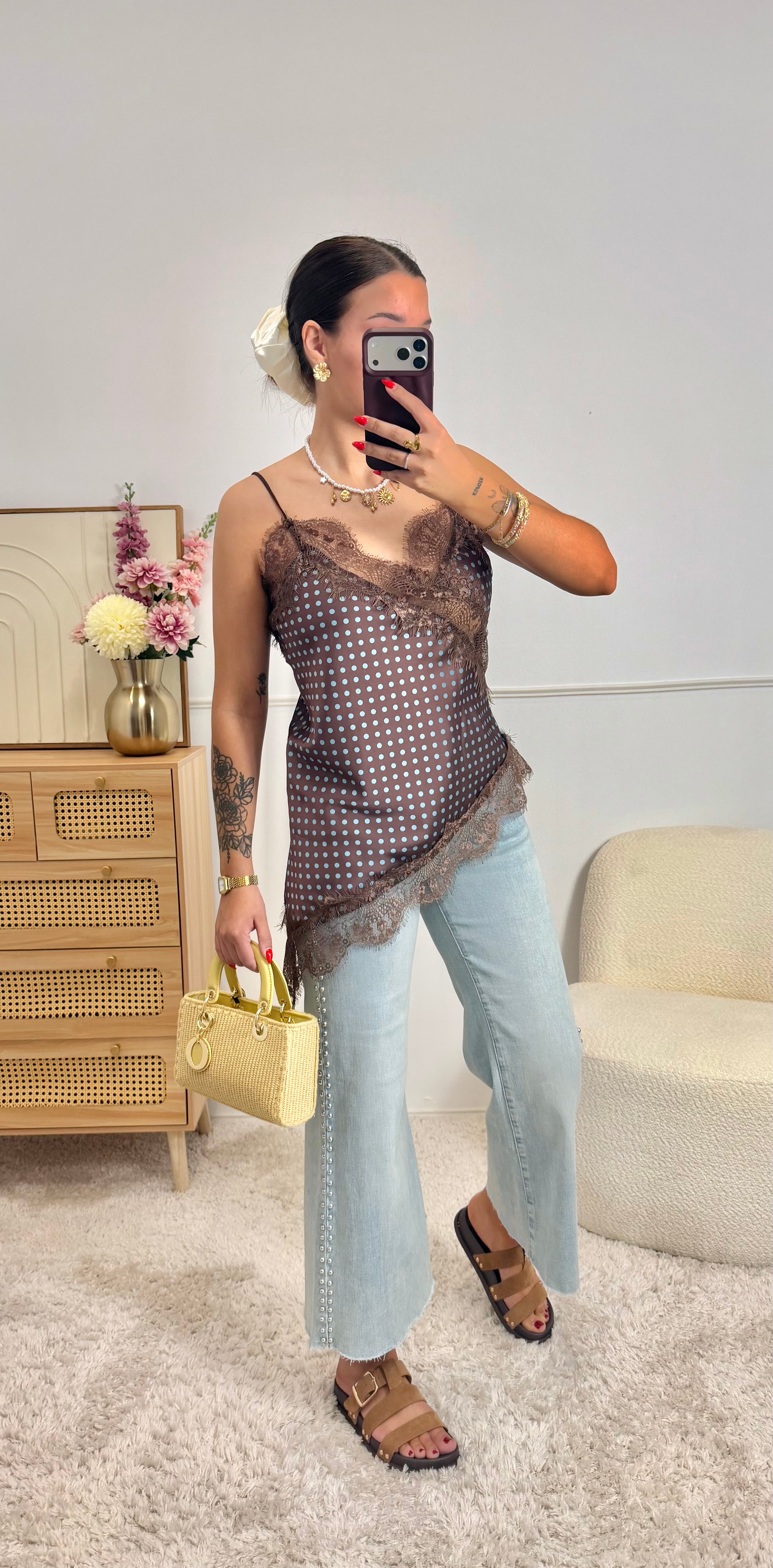 Top Dentelle & Pois Marron