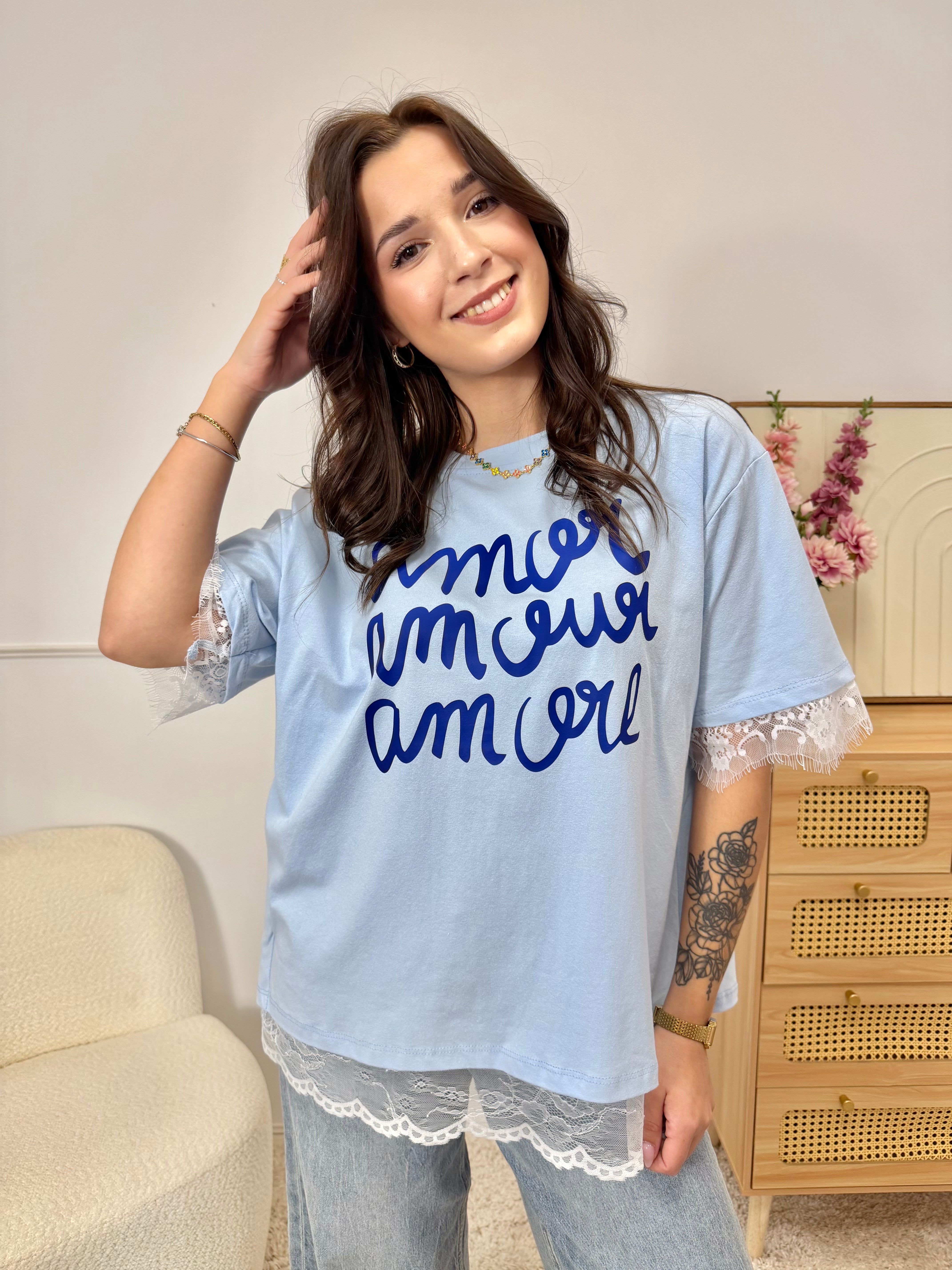 T-Shirt AMOUR Dentelle Bleu