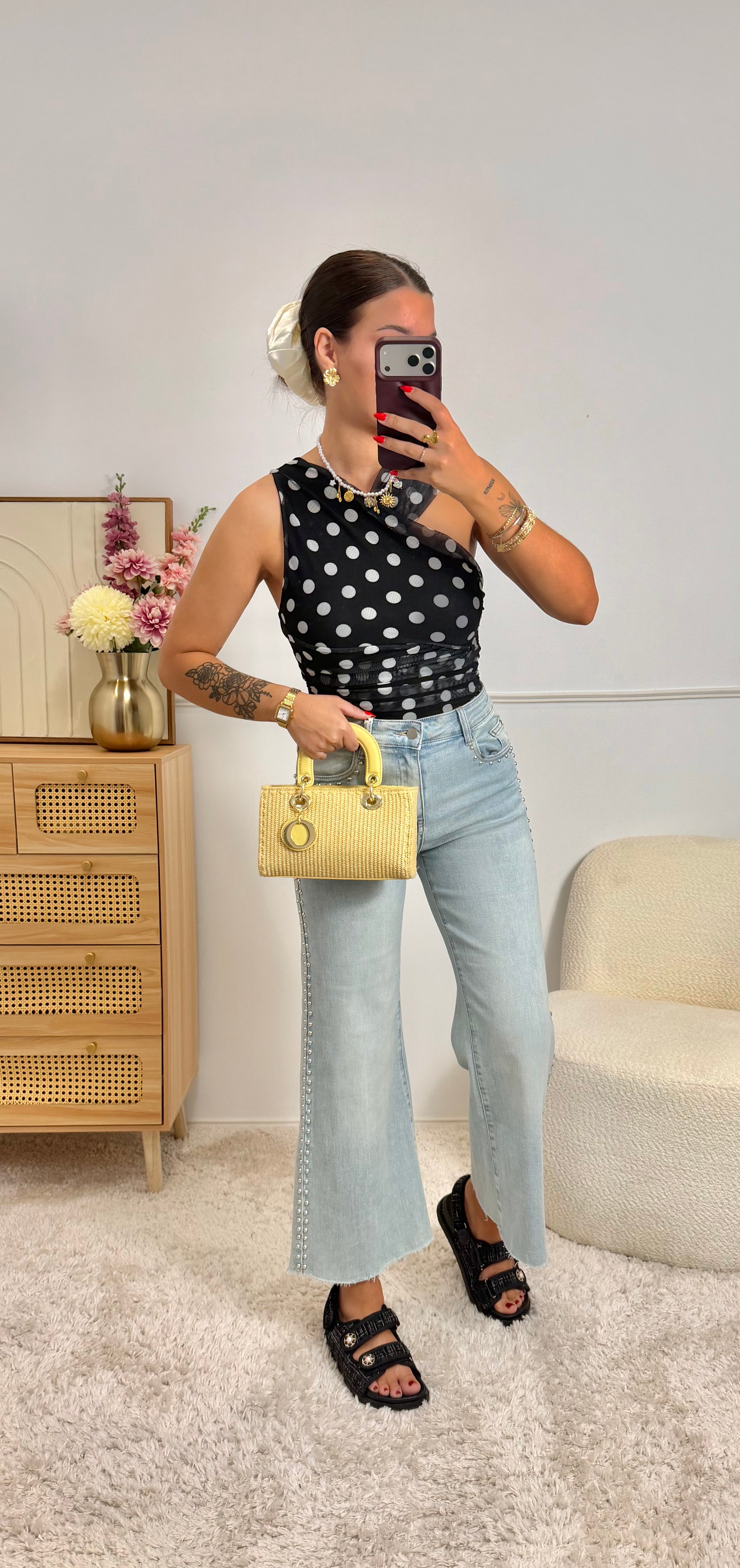 Body Drapé Pois Noir