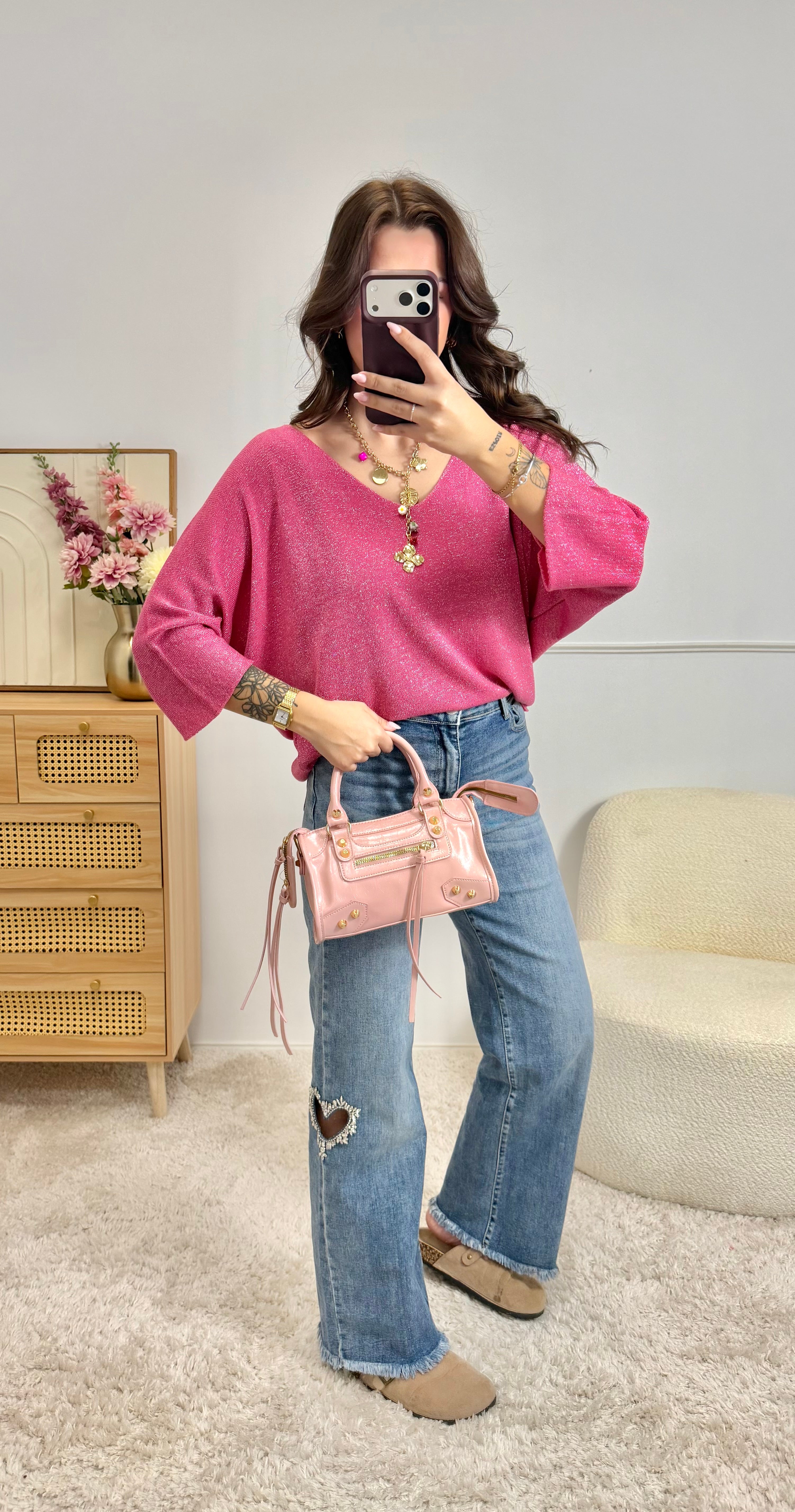 Pull Fin Pailletée Fuschsia