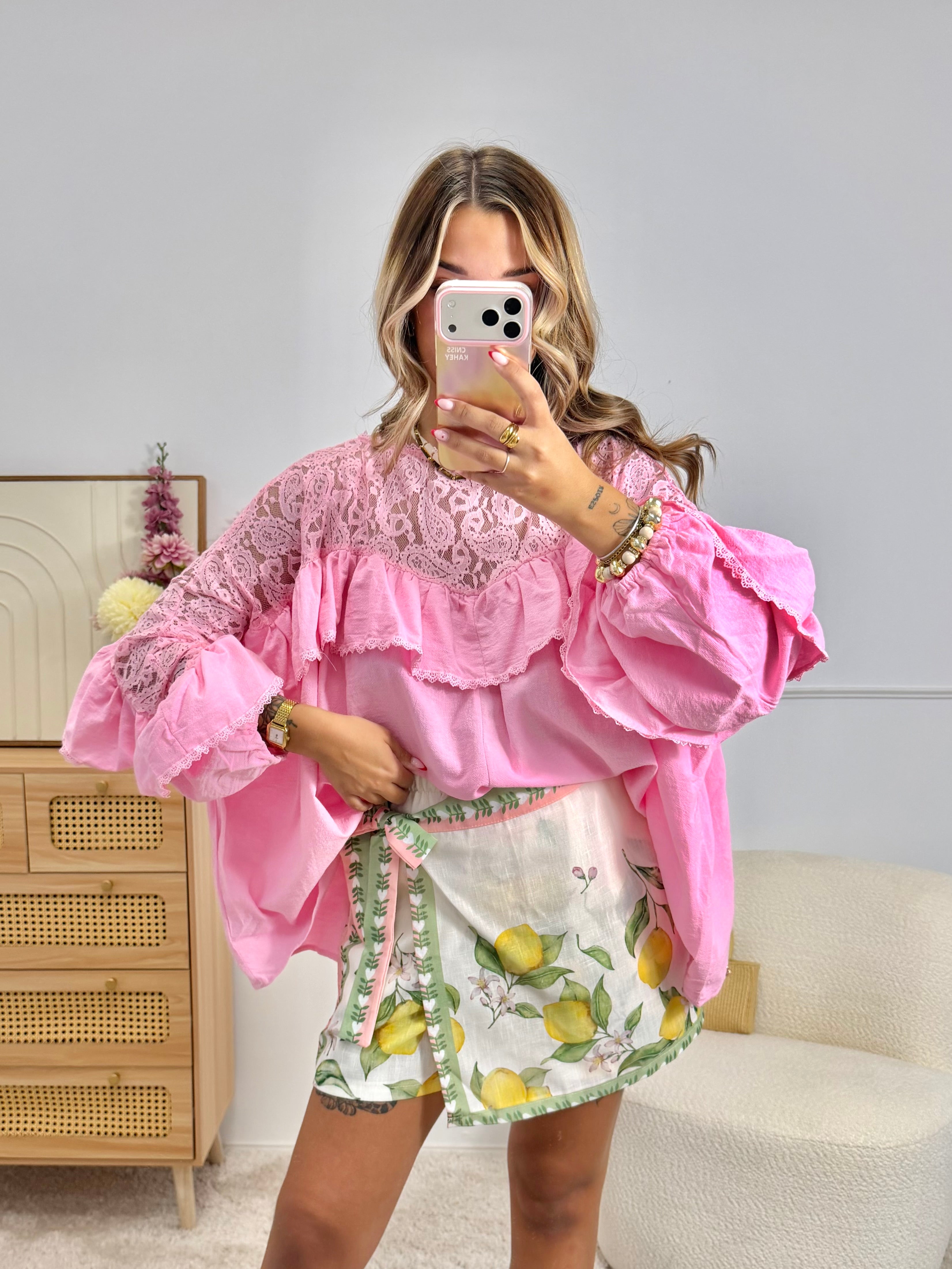 Blouse Volant & Dentelle Rose