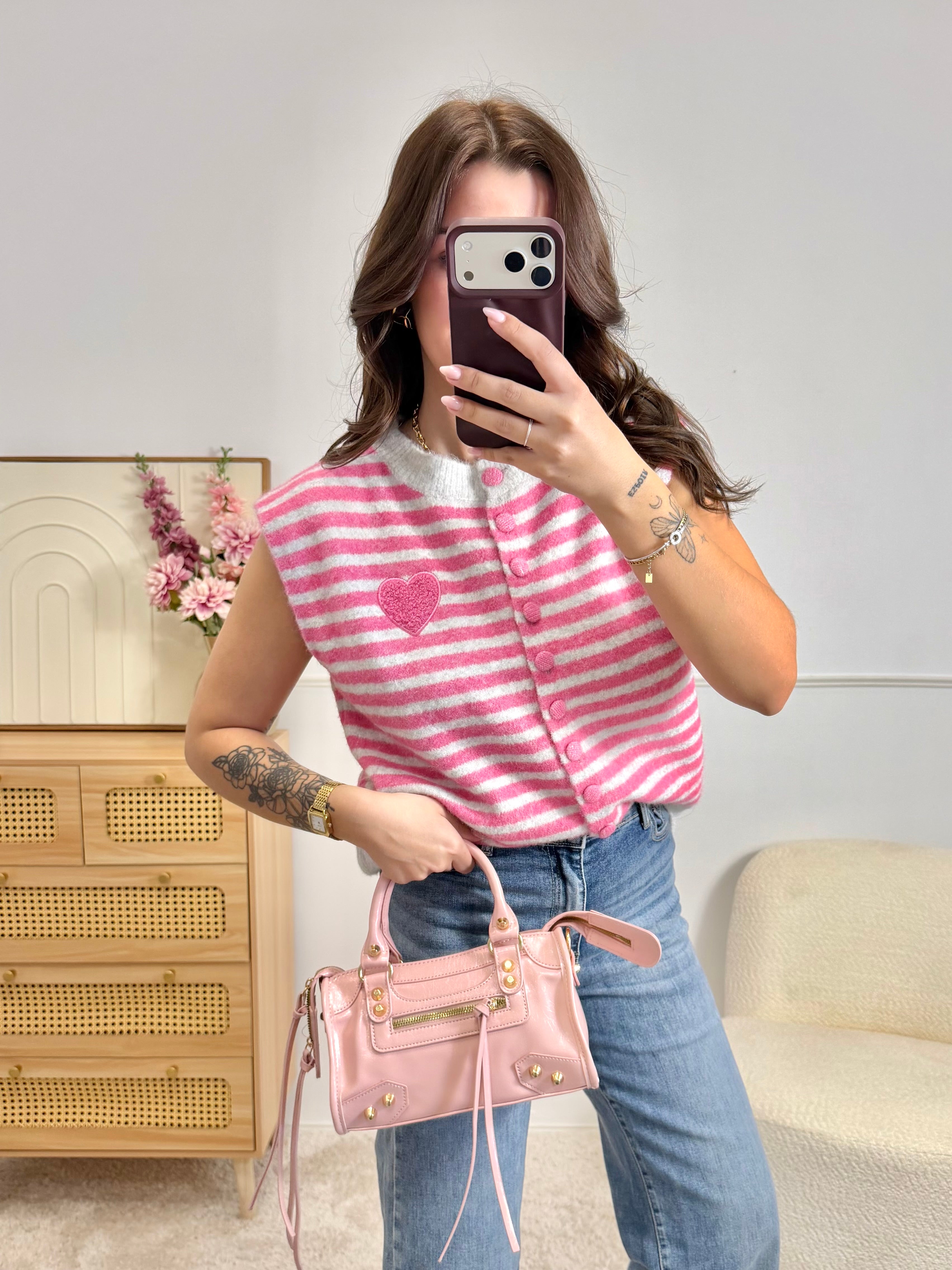 Gilet Cœur Rayé Rose