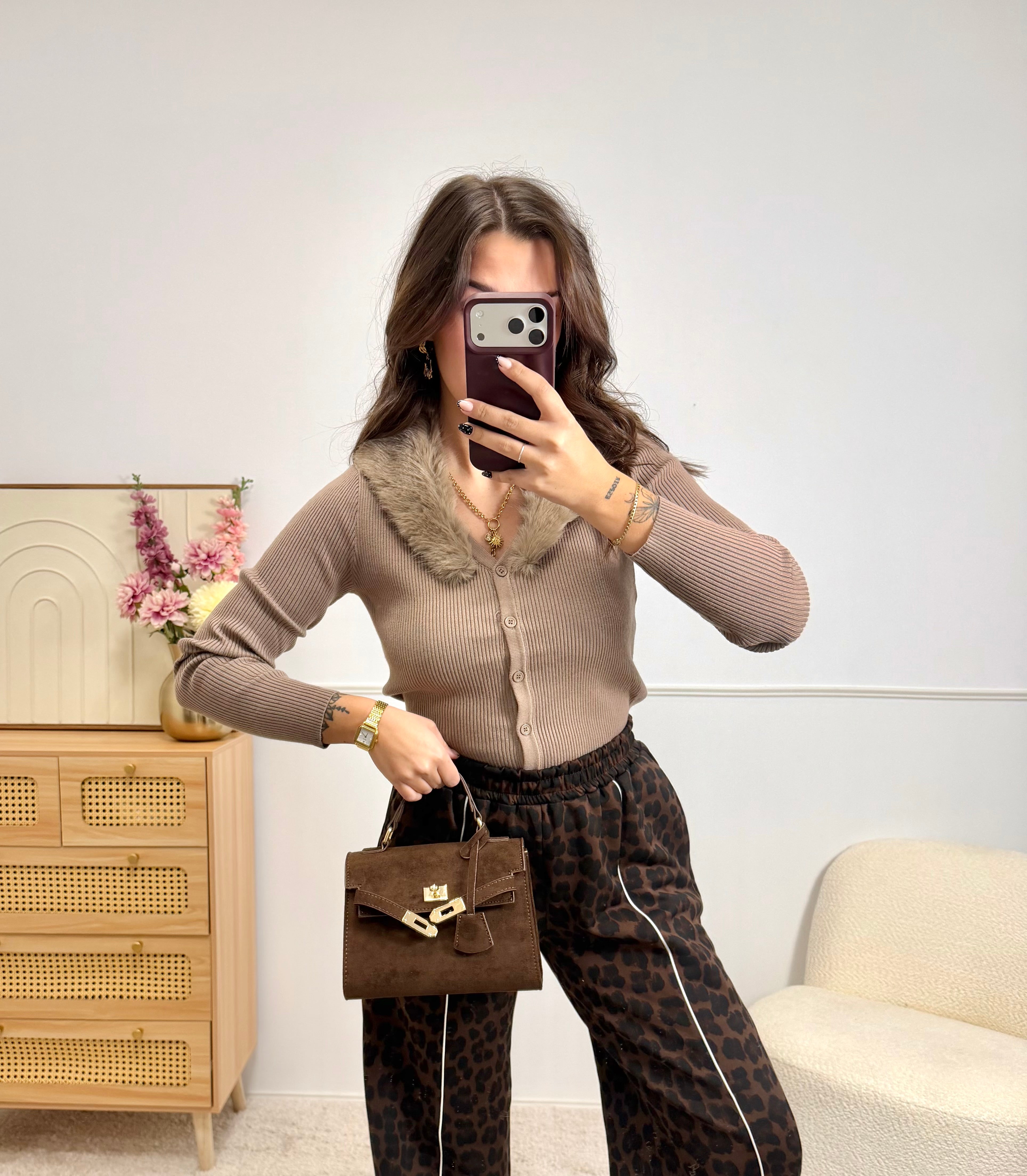 Gilet Col Fausse Fourrure Taupe