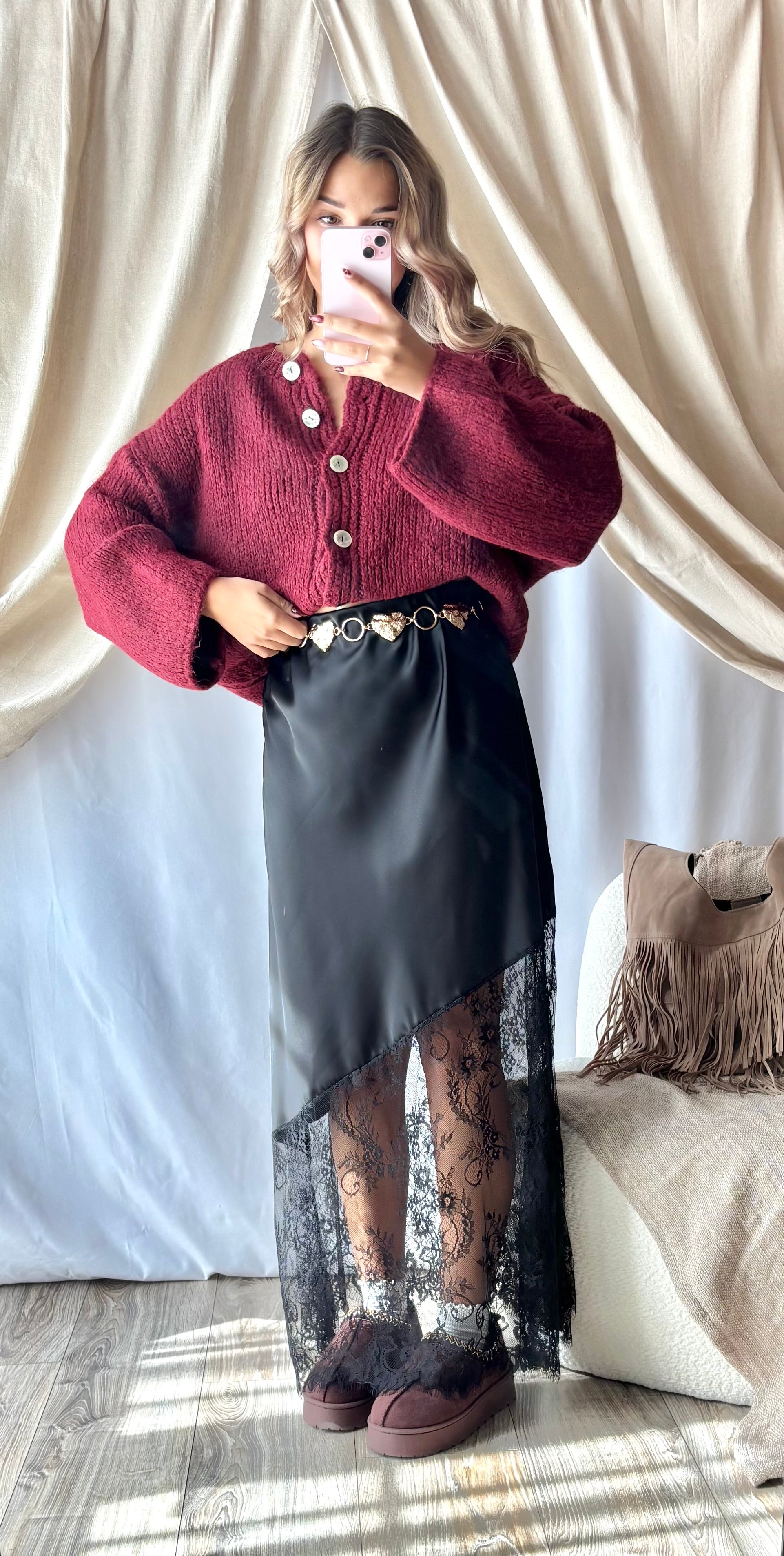Jupe Satinée Dentelle Noir