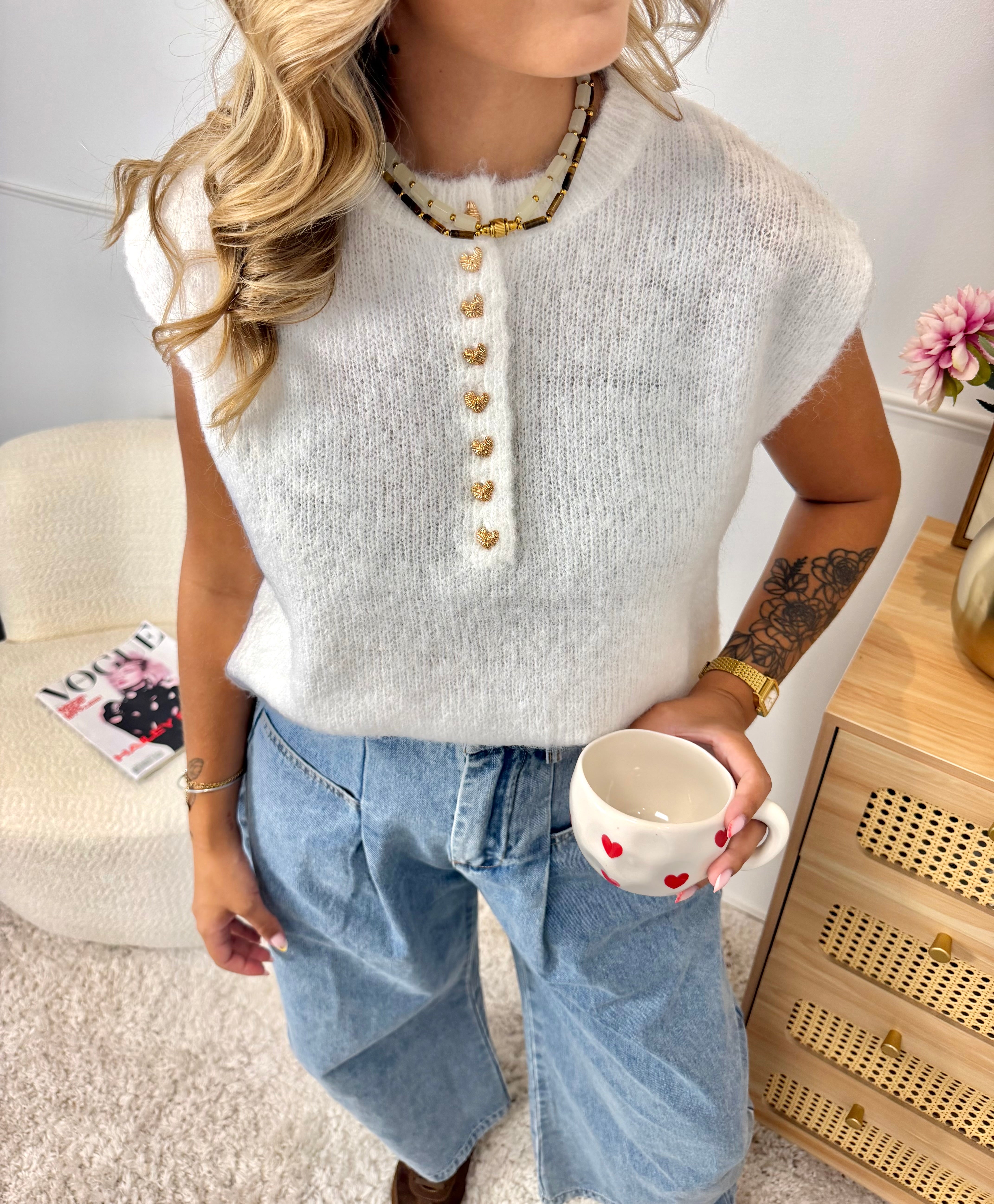 Pull Bouton Cœur Blanc