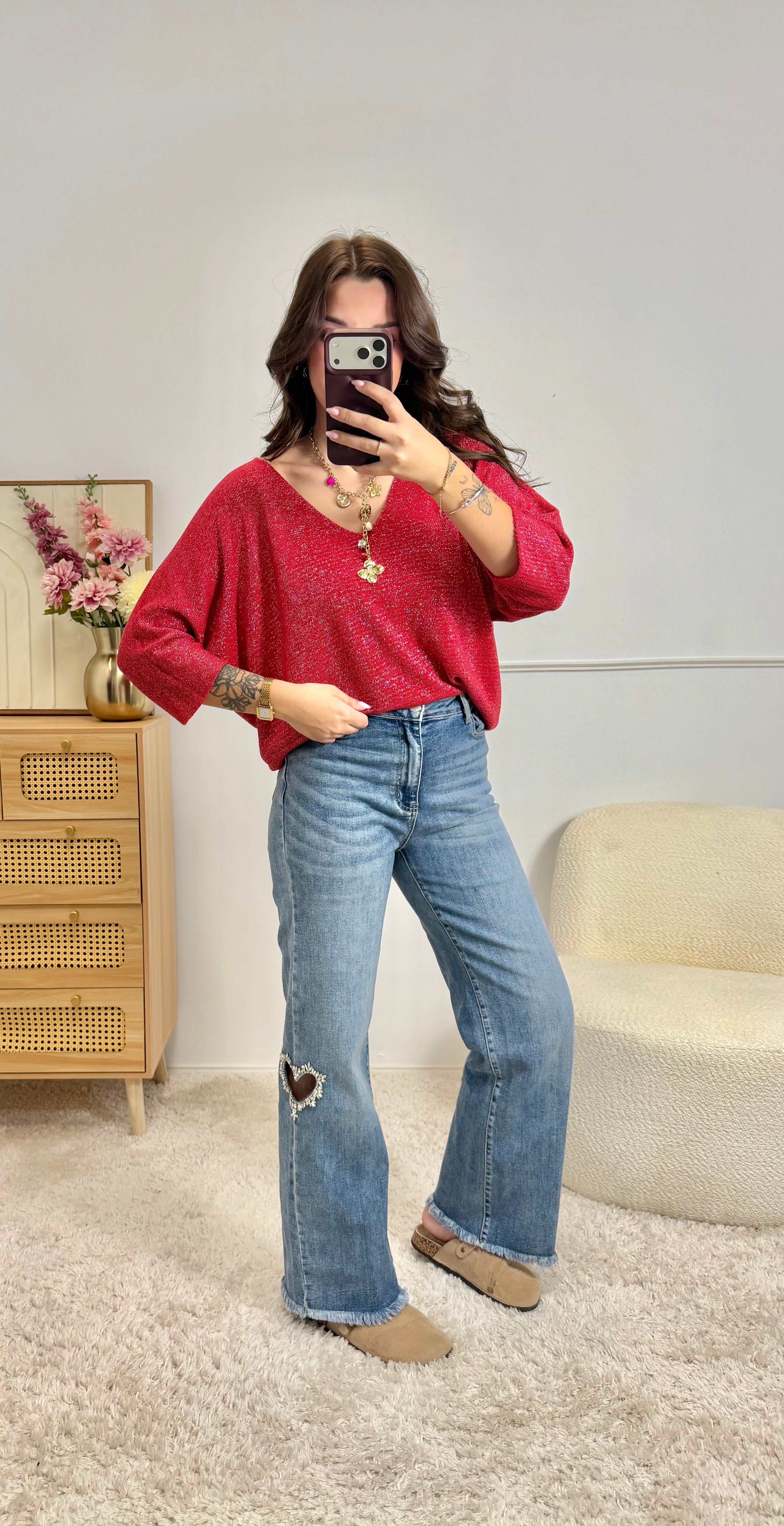 Pull Fin Pailletée Rouge