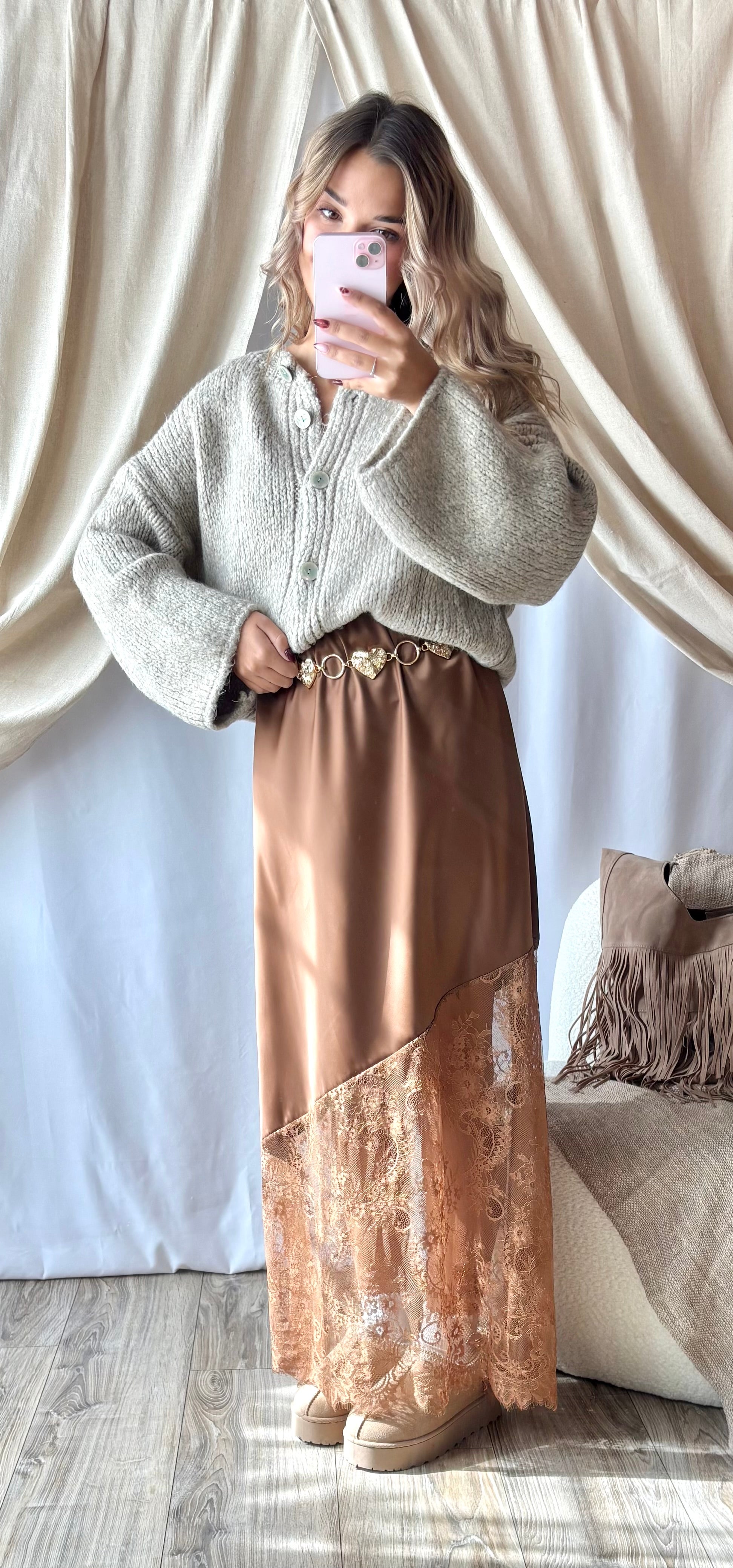 Jupe Satinée Dentelle Camel