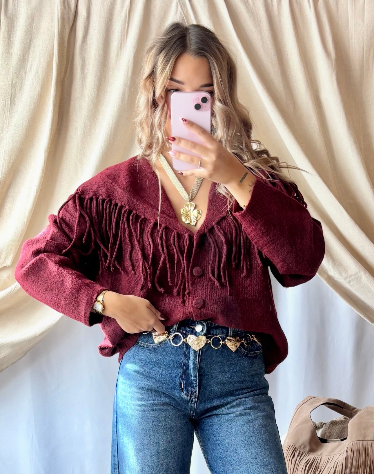 Gilet à Franges Bordeaux