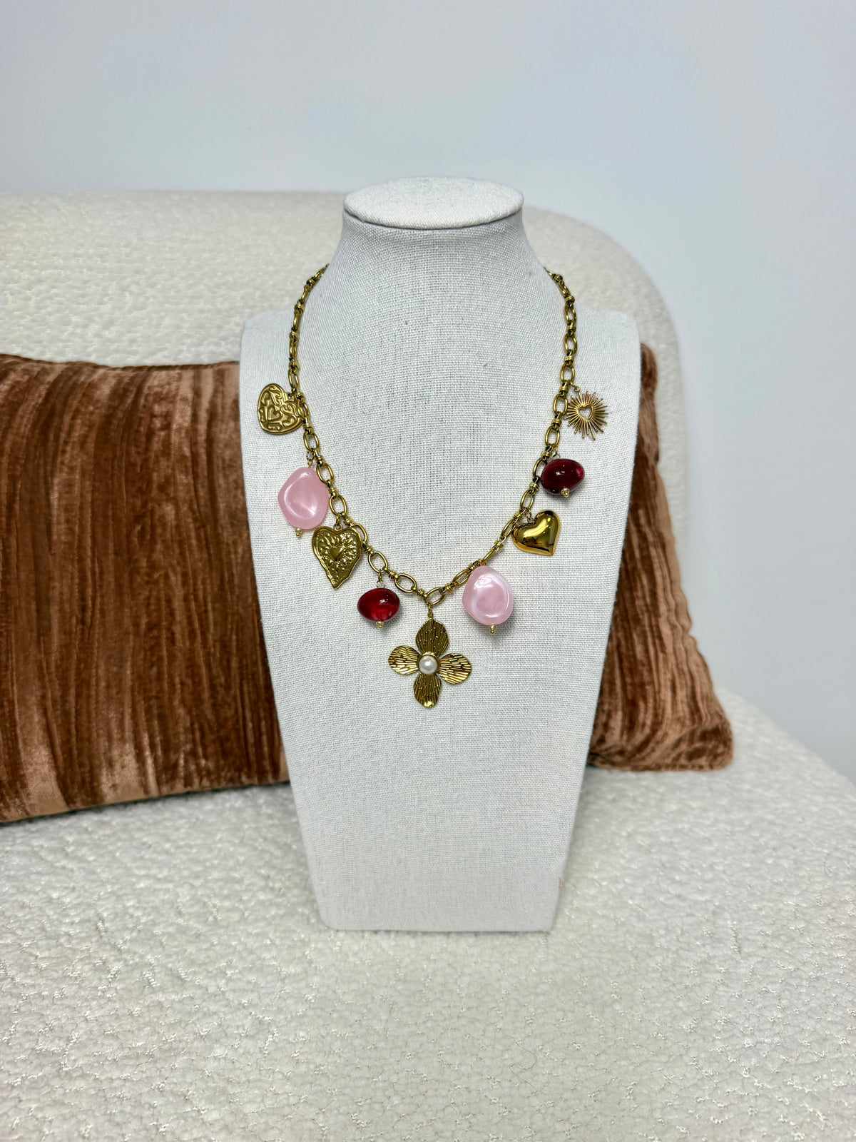 Collier Fleur perle Rose & Bordeaux