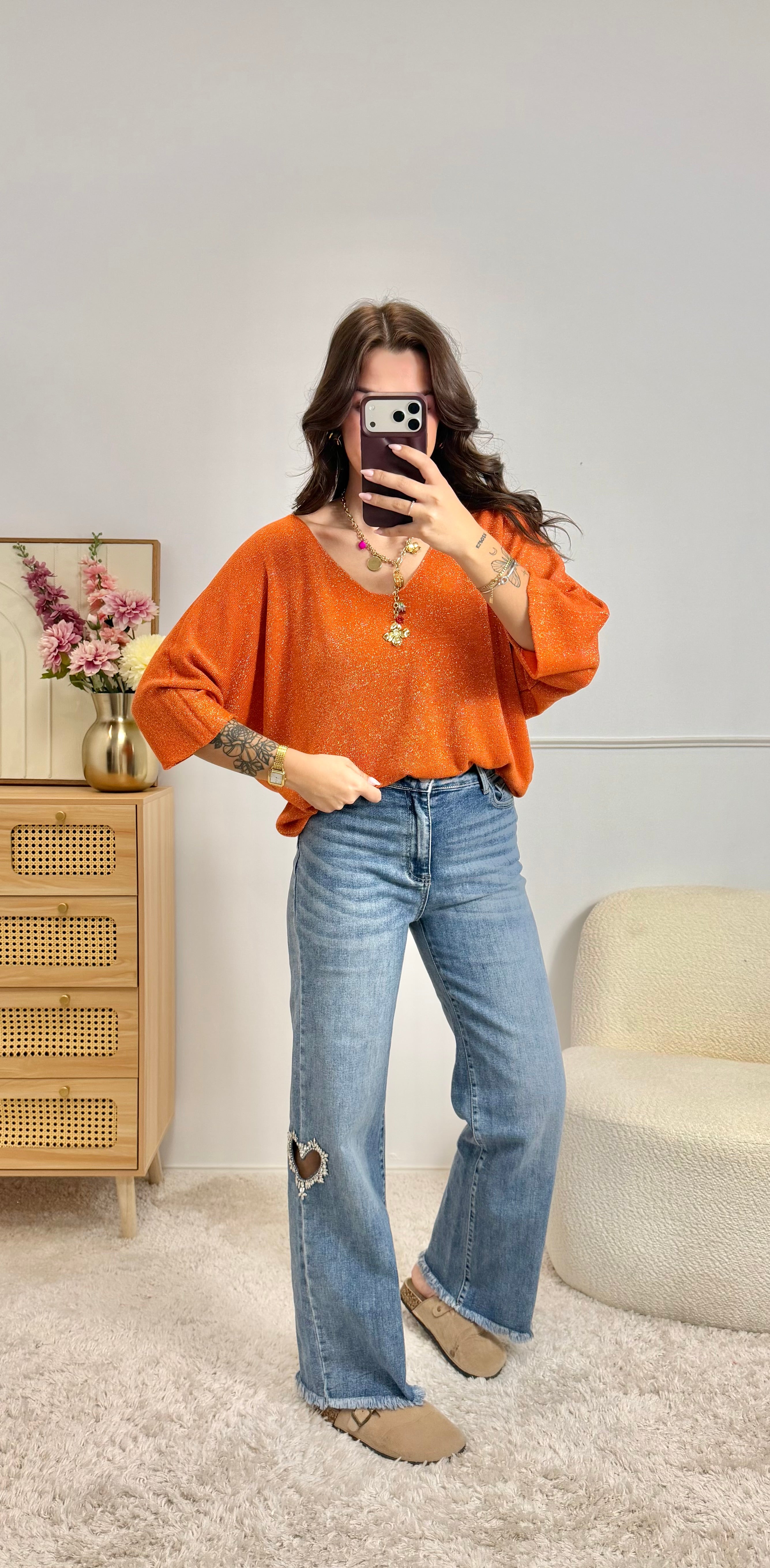 Pull Fin Pailletée Orangé