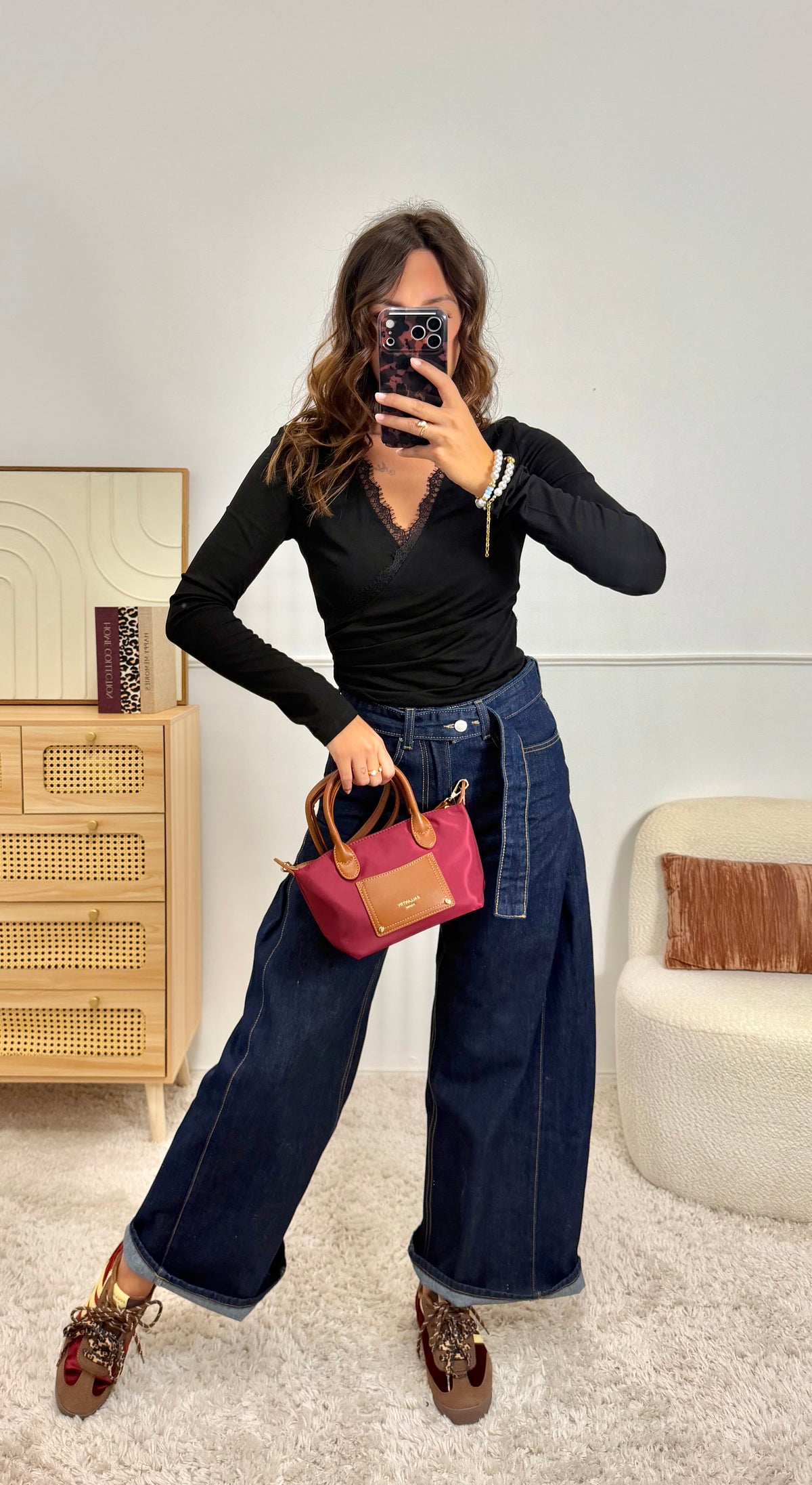 Top manches longues en dentelle Noir