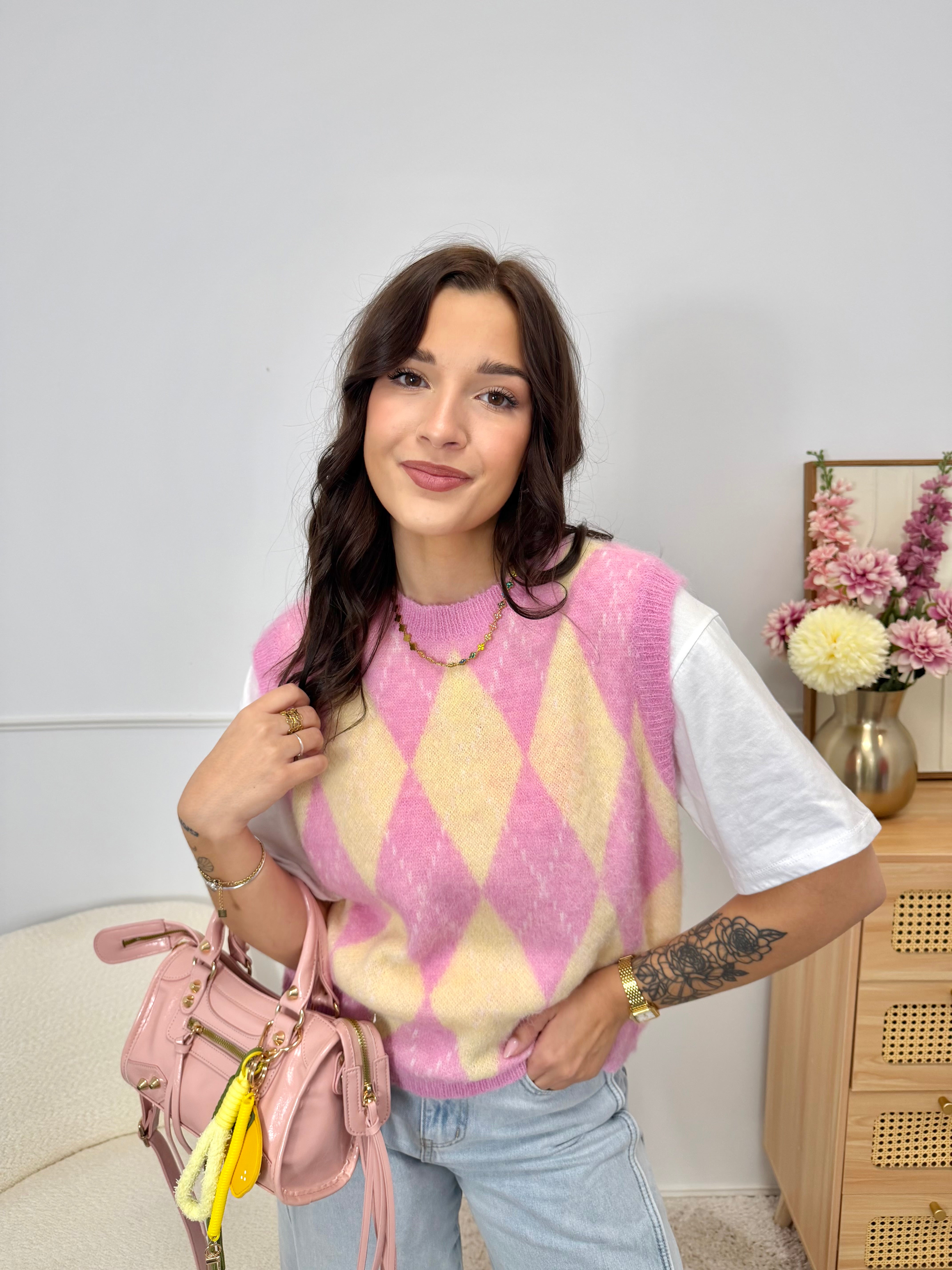 Pull Sans Manches Rose & Jaune