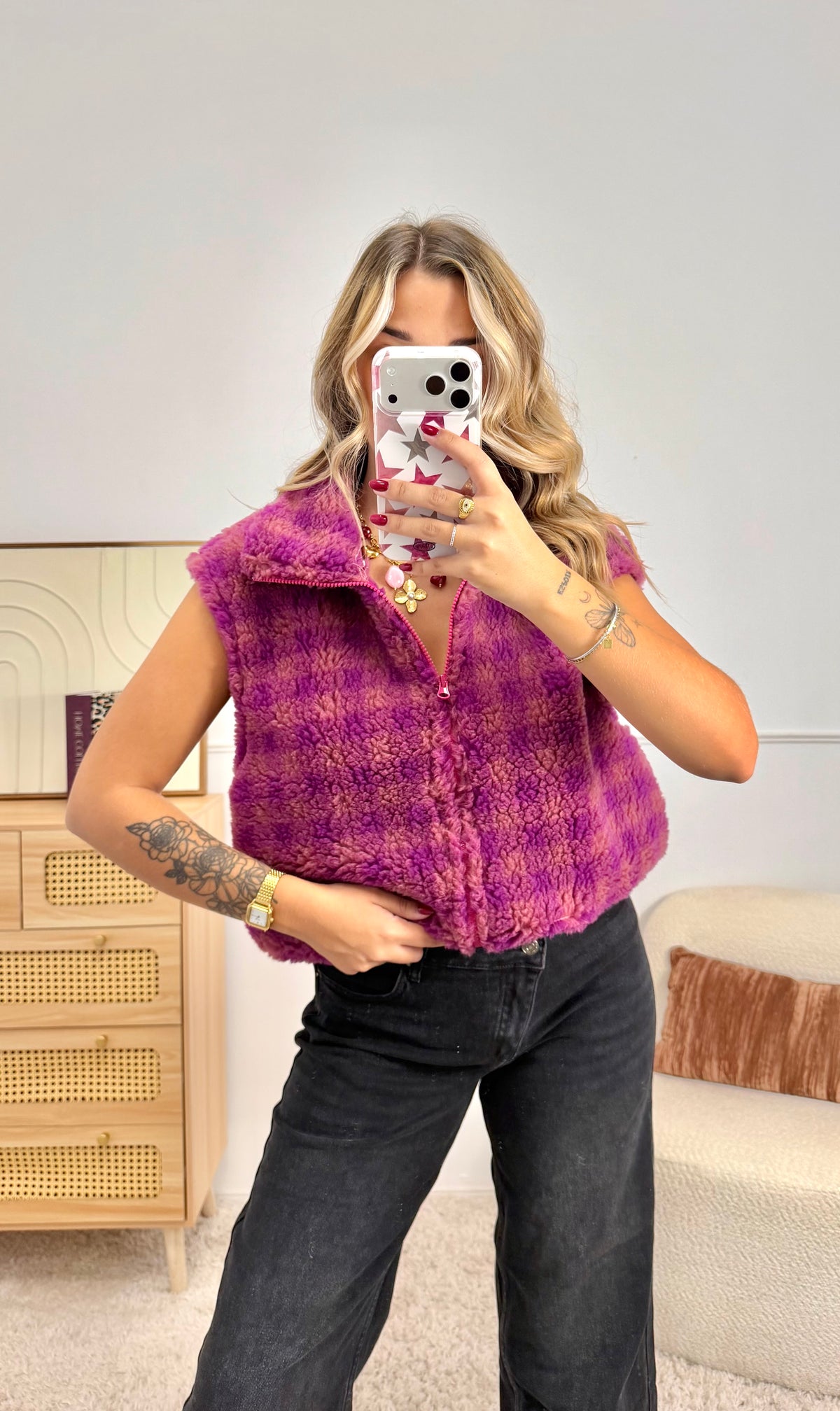 Veste Teddy carreaux fuchsia