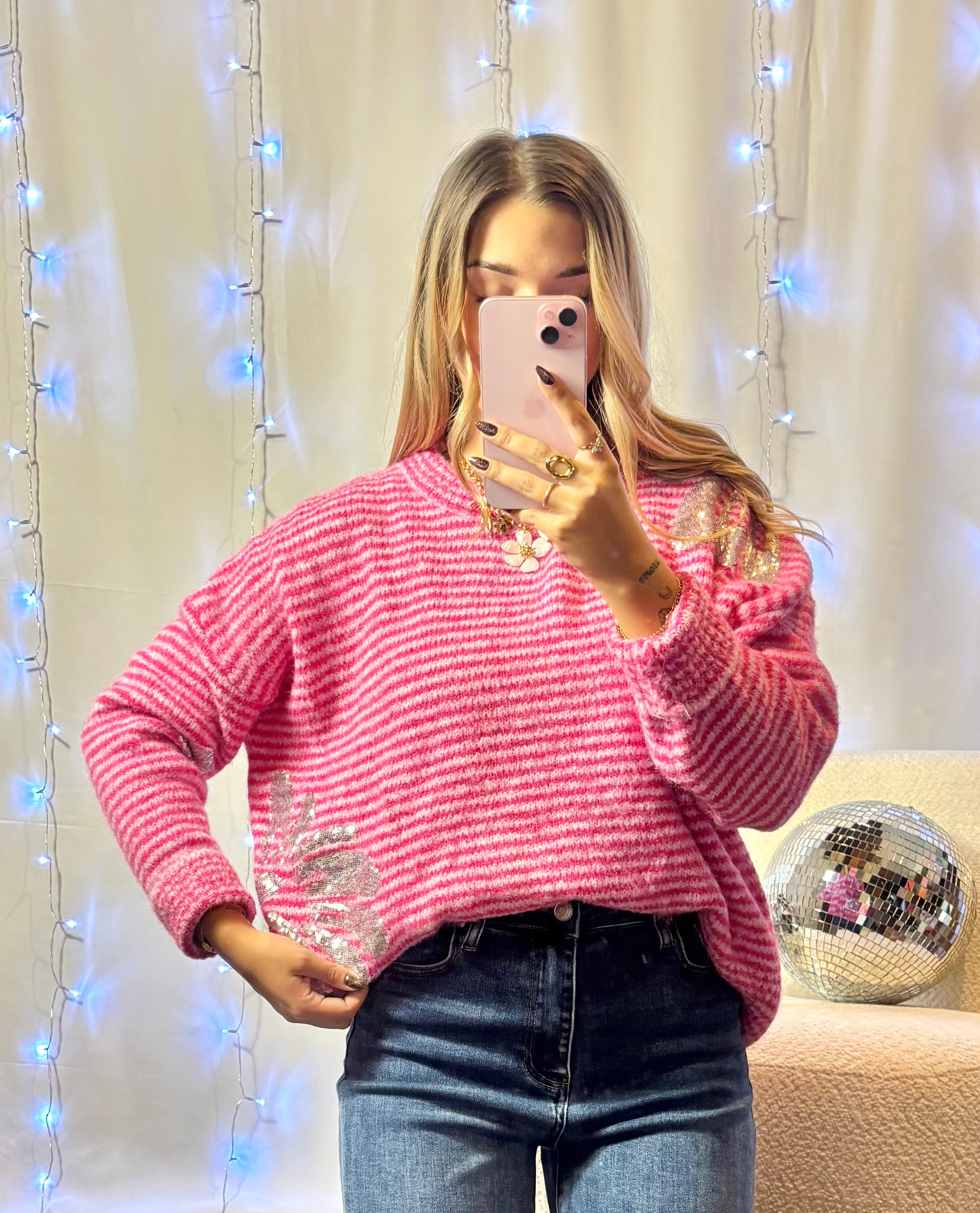 Pull Rayé Sequins Rose