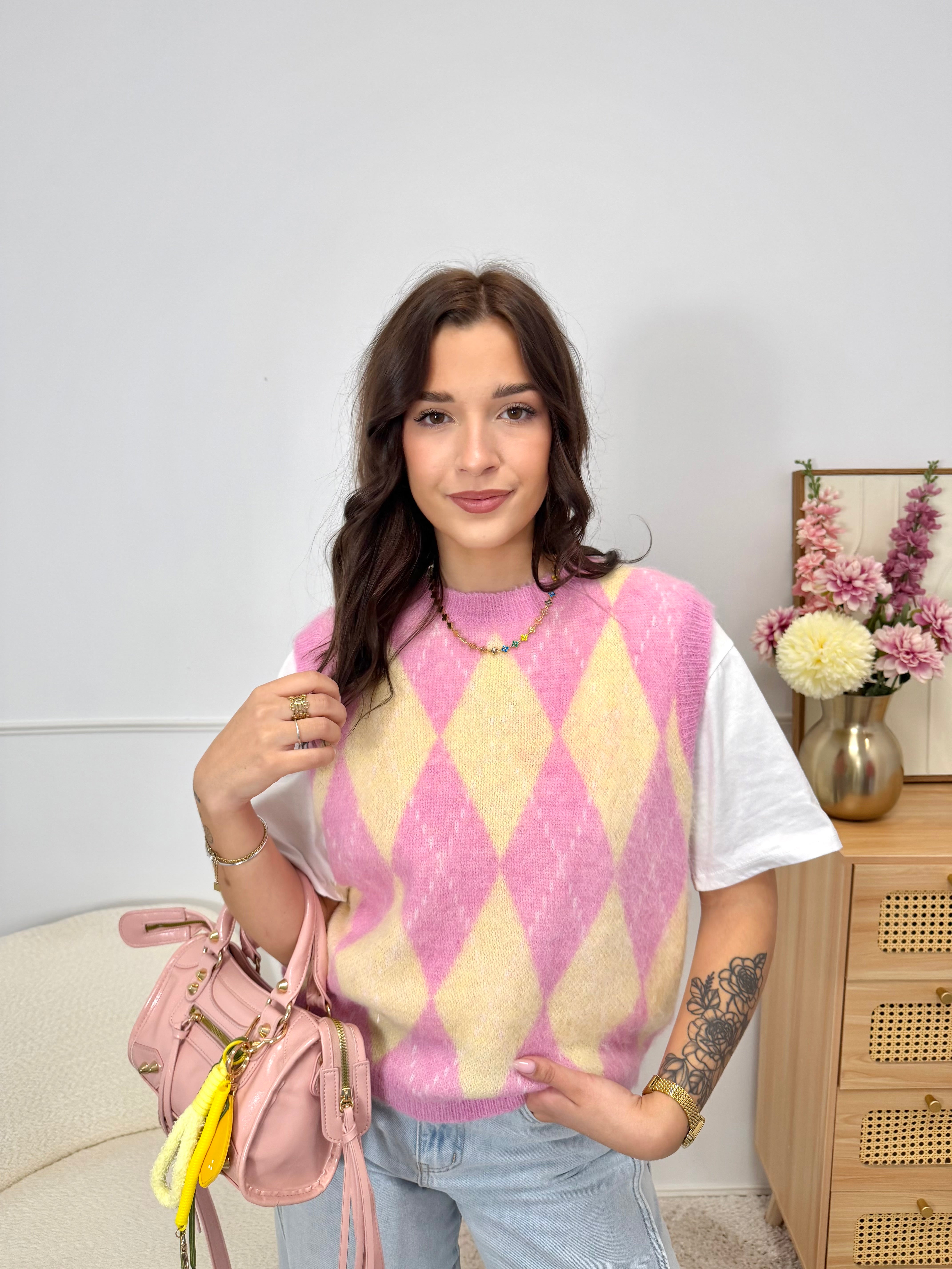 Pull Sans Manches Rose & Jaune